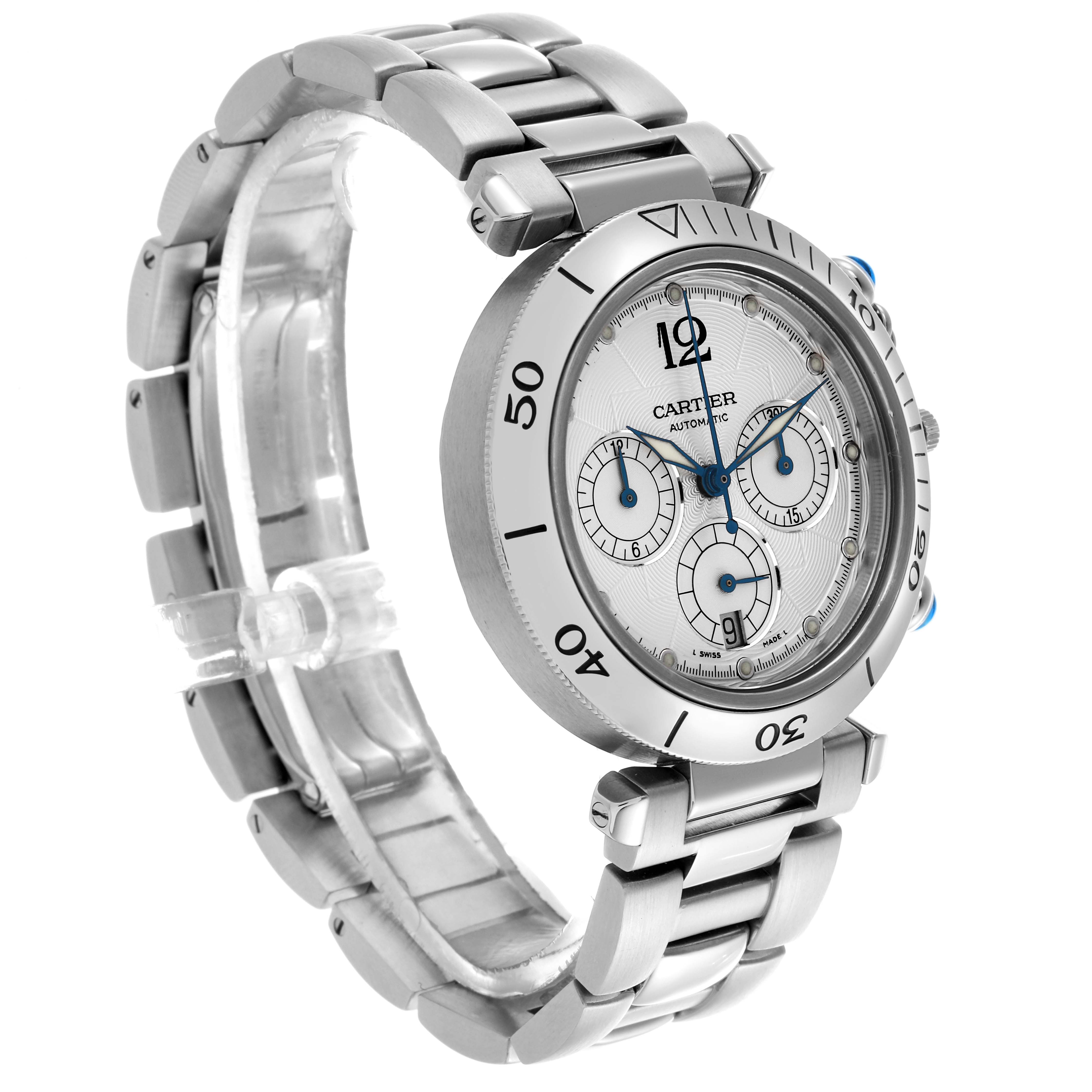The Cartier Pasha W31030H3 Men's Stainless Steel Silver Dial W31030H3 Men's Stainless Steel Silver Dial watch is shown at a three-quarter angle, highlighting the bezel, dial, crown, and metal bracelet.