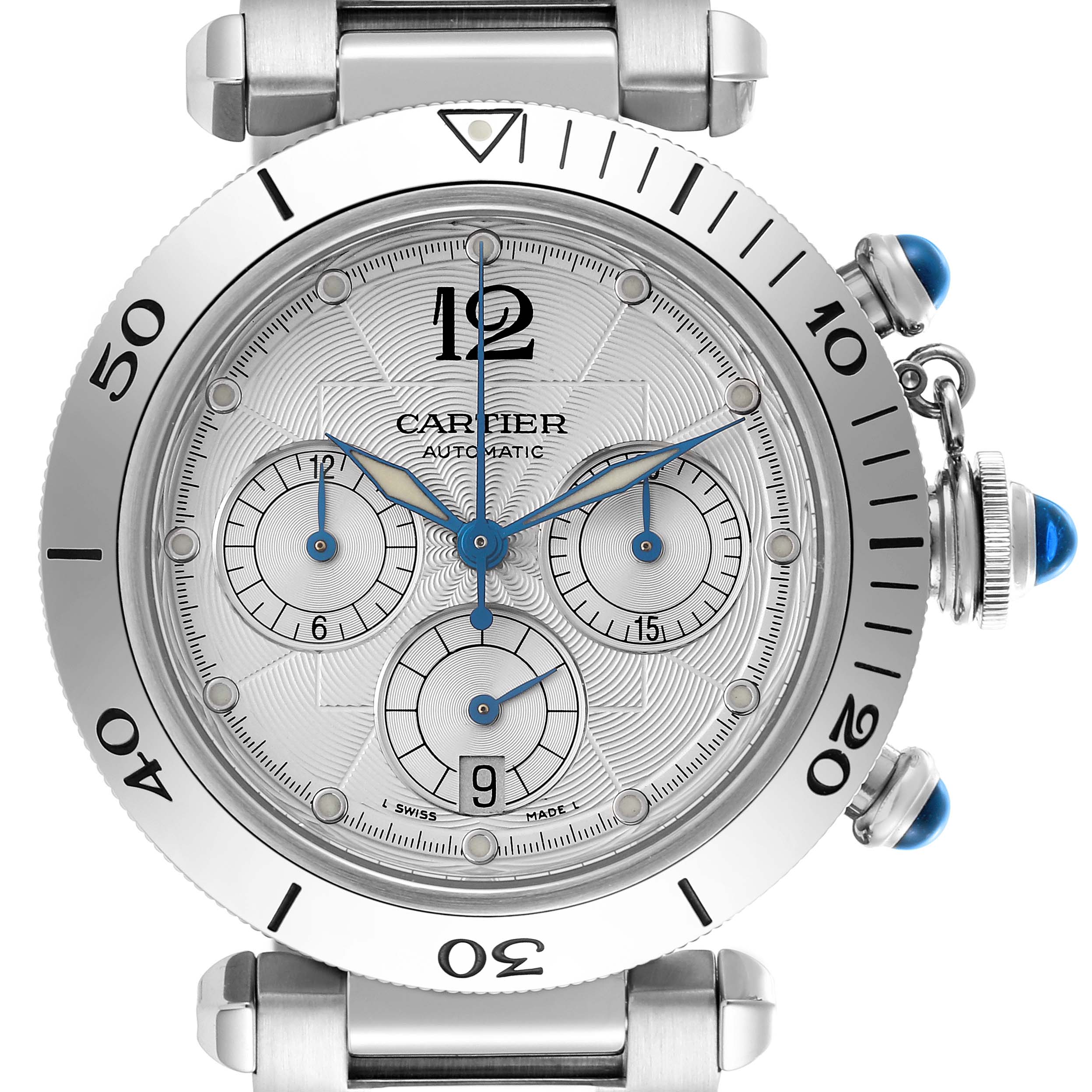 The Cartier Pasha W31030H3 Men's Stainless Steel Silver Dial W31030H3 Men's Stainless Steel Silver Dial watch is shown from a front angle, highlighting its dial, bezel, and crown with blue cabochons.