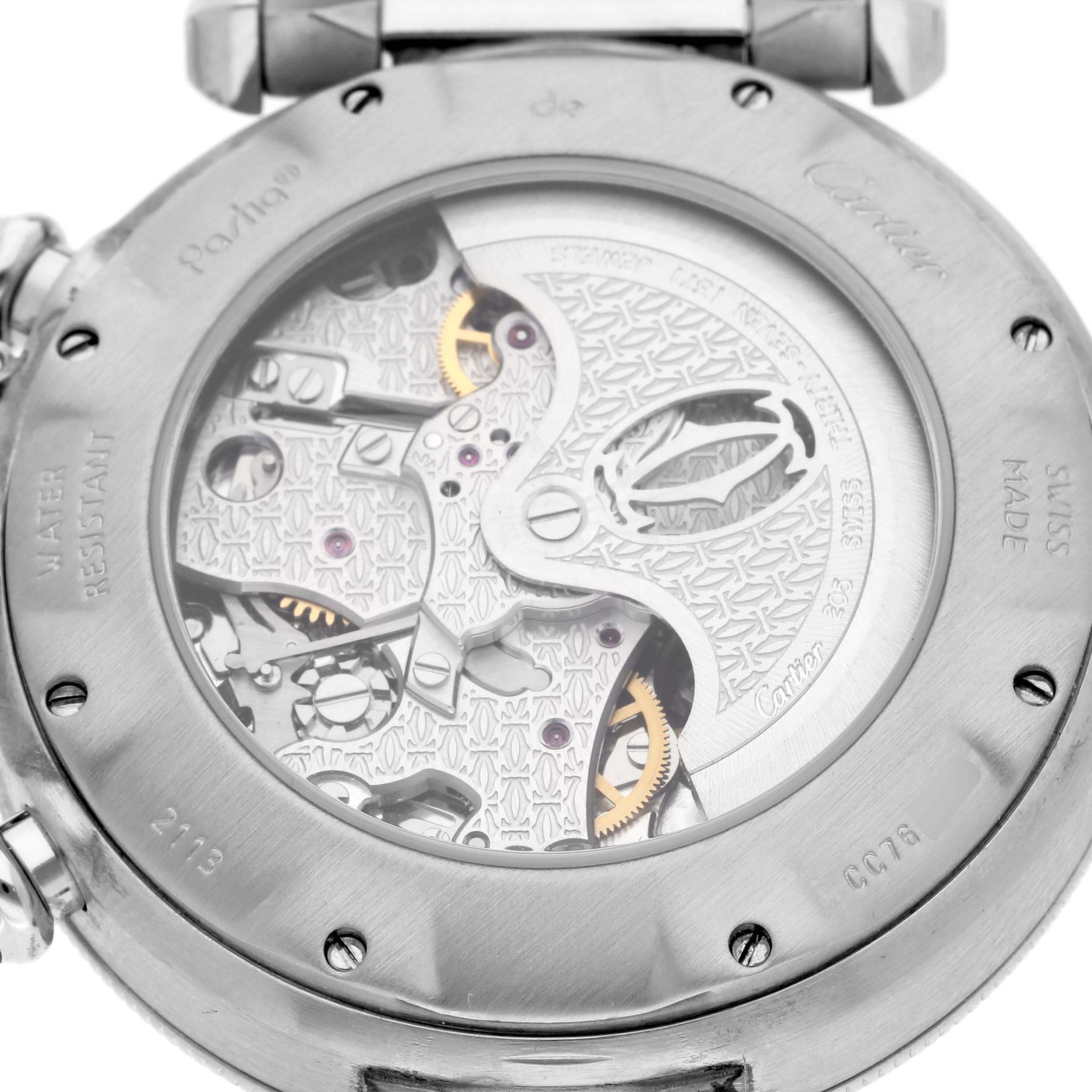 The image shows the back view of a Cartier Pasha W31030H3 Men's Stainless Steel Silver Dial W31030H3 Men's Stainless Steel Silver Dial watch, highlighting its exposed movement and inner mechanics.