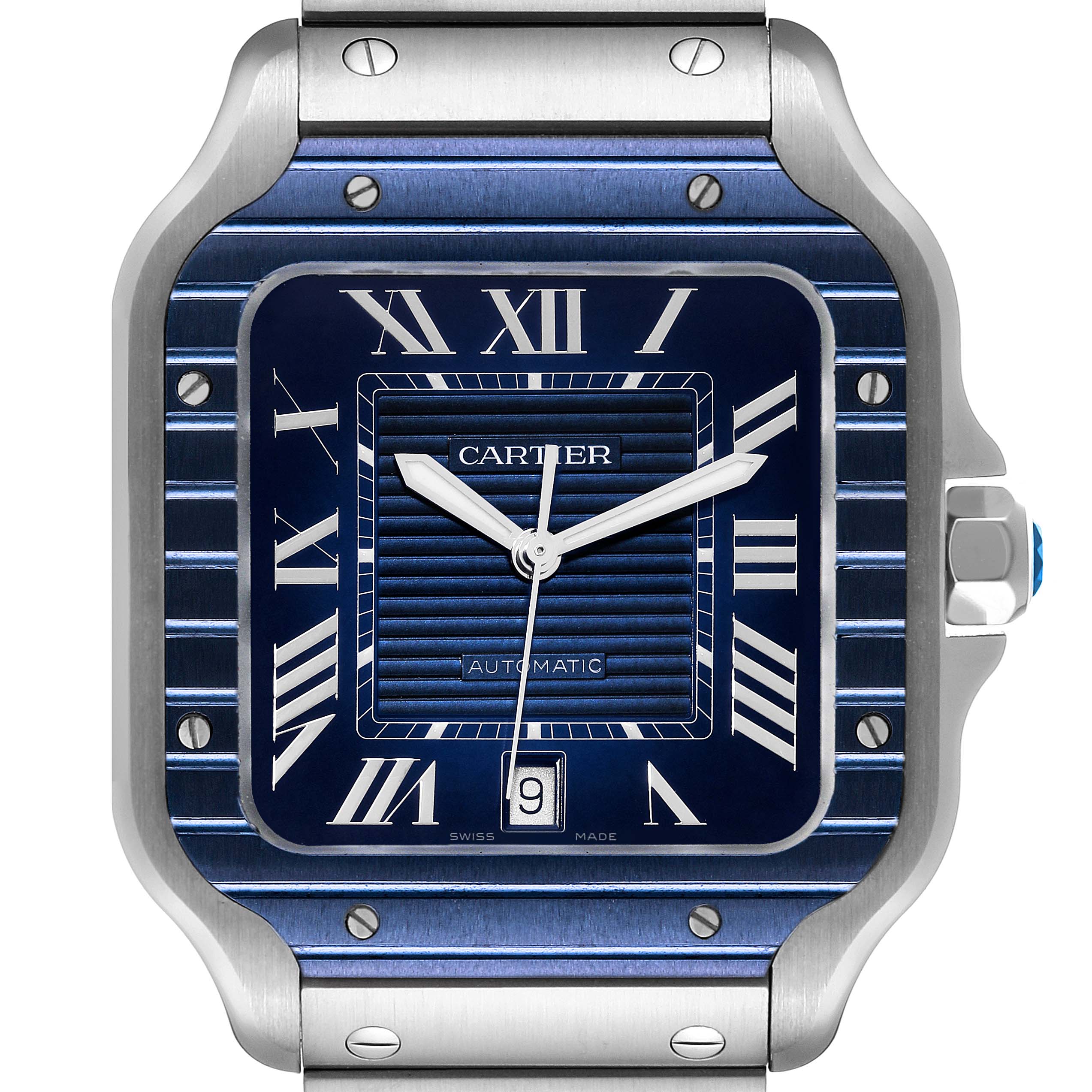 The image shows a front view of the Cartier Santos WSSA0048 Men
s Stainless Steel Blue Dial WSSA0048 Men
s Stainless Steel Blue Dial watch, highlighting its blue dial, Roman numerals, and stainless steel case.