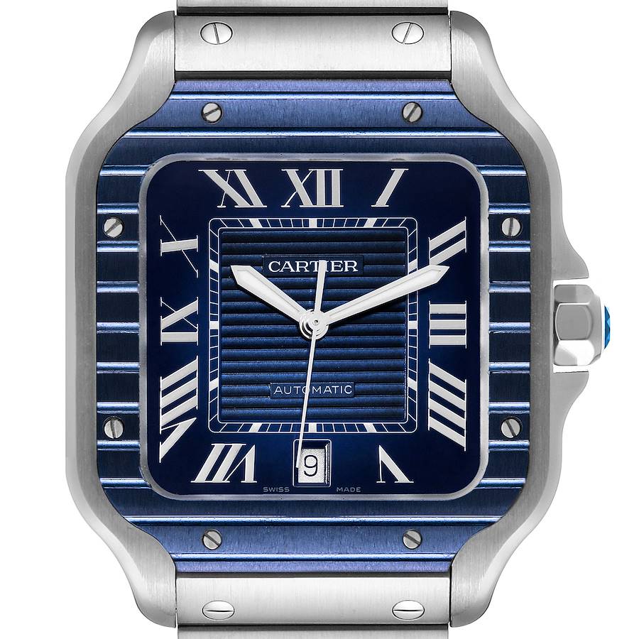 Cartier Santos Large Stainless Steel PVD Blue Dial Mens Watch WSSA0048 SwissWatchExpo