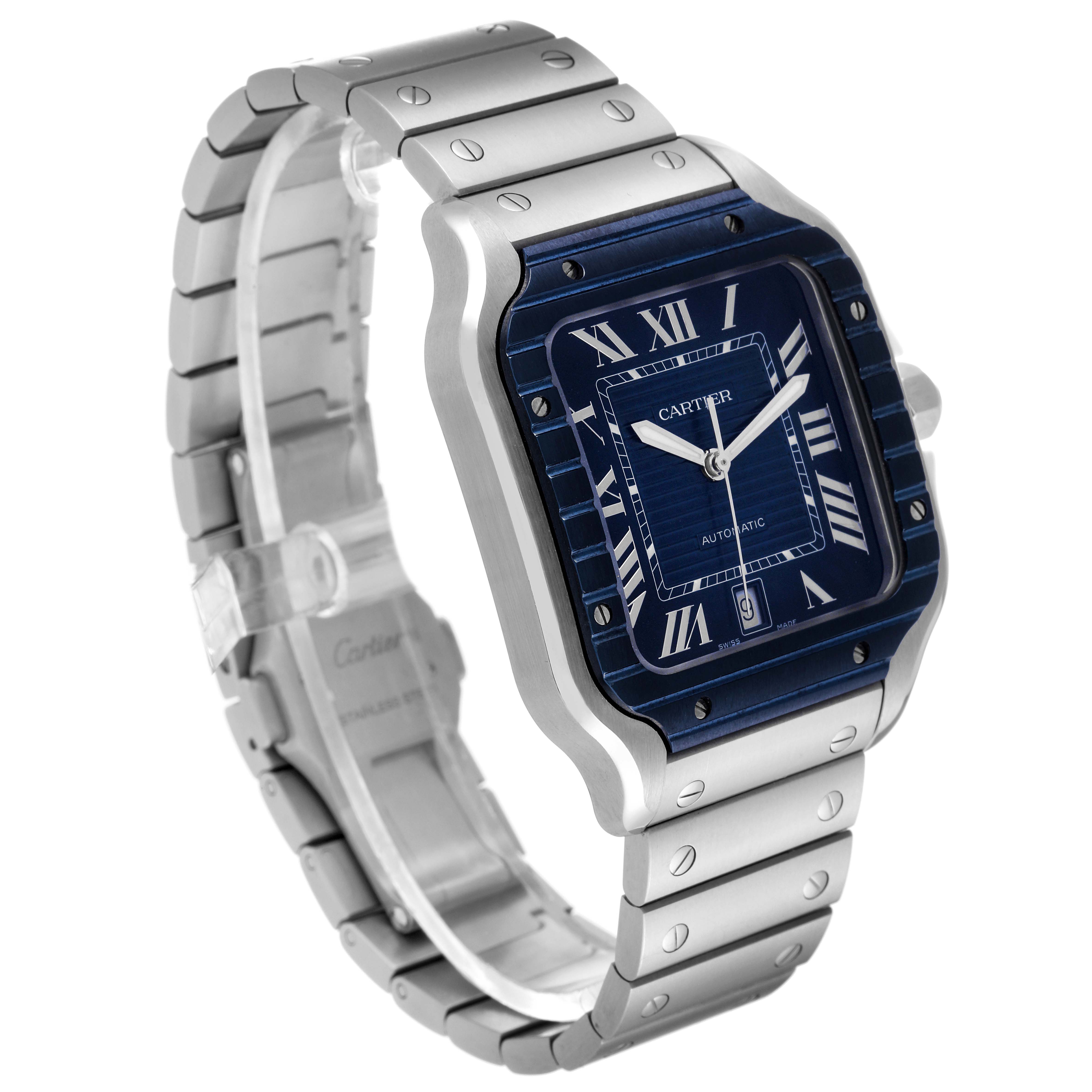 The image shows a Cartier Santos WSSA0048 Men
s Stainless Steel Blue Dial WSSA0048 Men
s Stainless Steel Blue Dial watch at an oblique angle, highlighting its blue dial, stainless steel case, and bracelet.