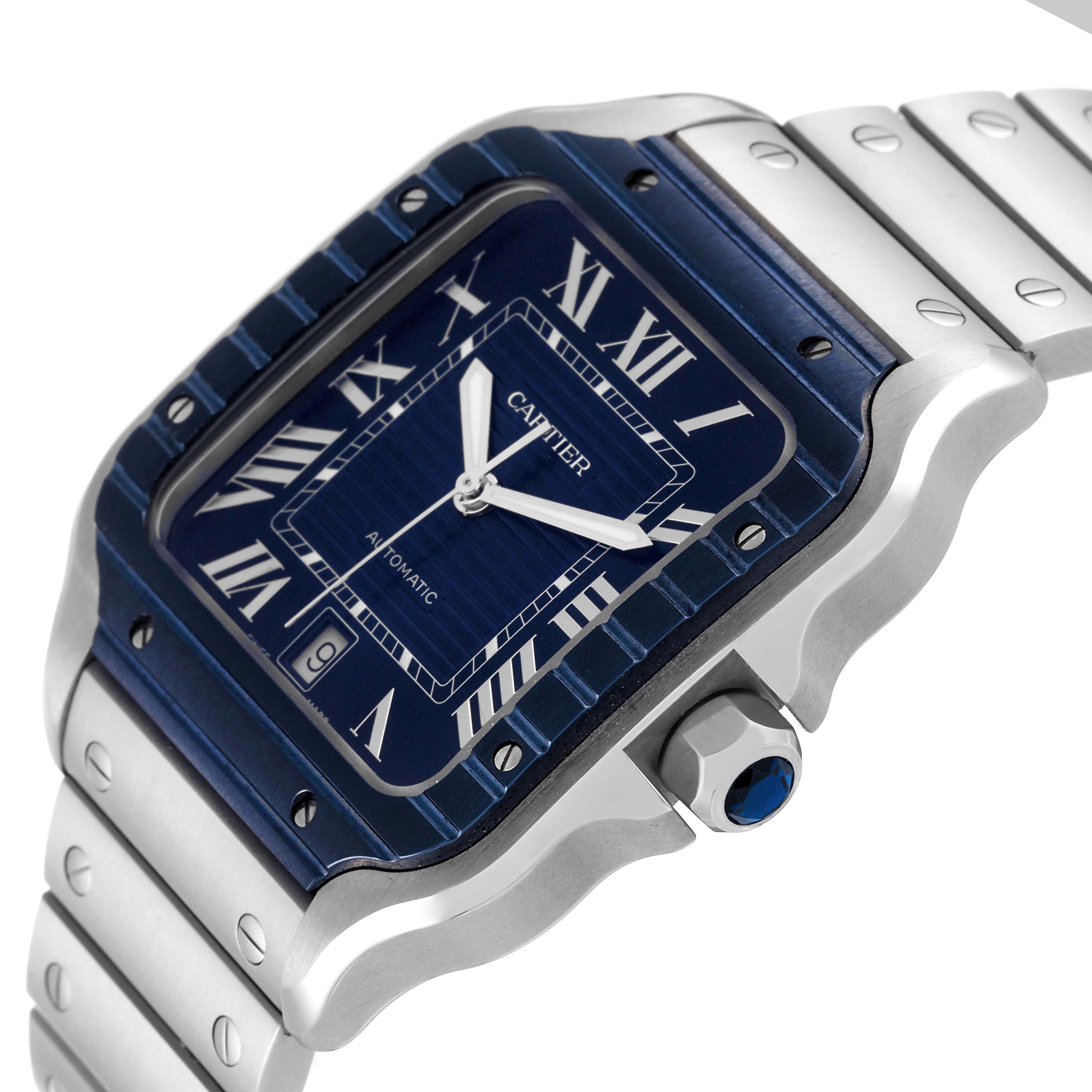 This image shows the Cartier Santos WSSA0048 Men
s Stainless Steel Blue Dial WSSA0048 Men
s Stainless Steel Blue Dial watch at a slight angle, highlighting its case, bezel, dial, crown, and part of the bracelet.