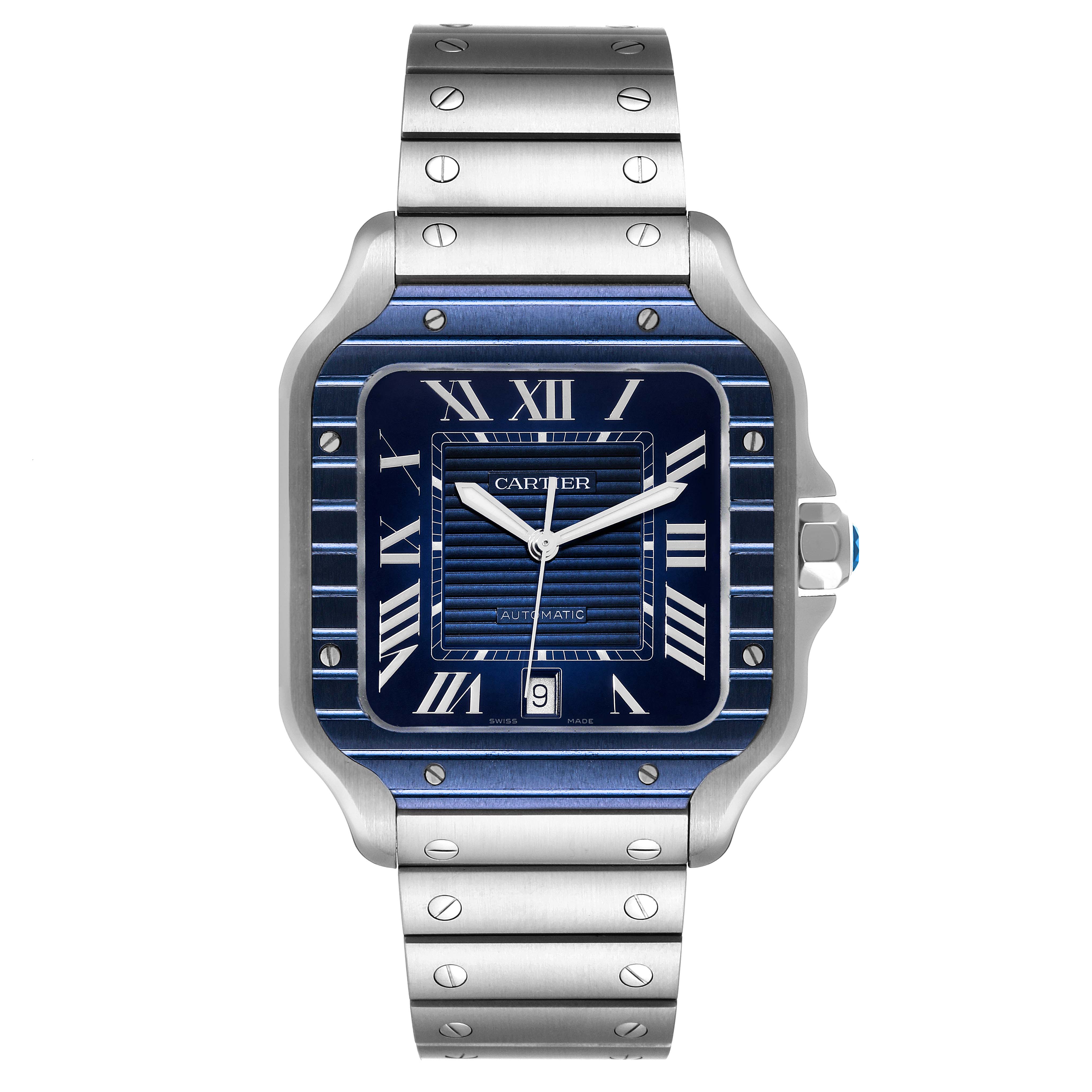 This image shows a front view of the Santos model watch by Cartier, including its square dial, metal bezel, and bracelet.