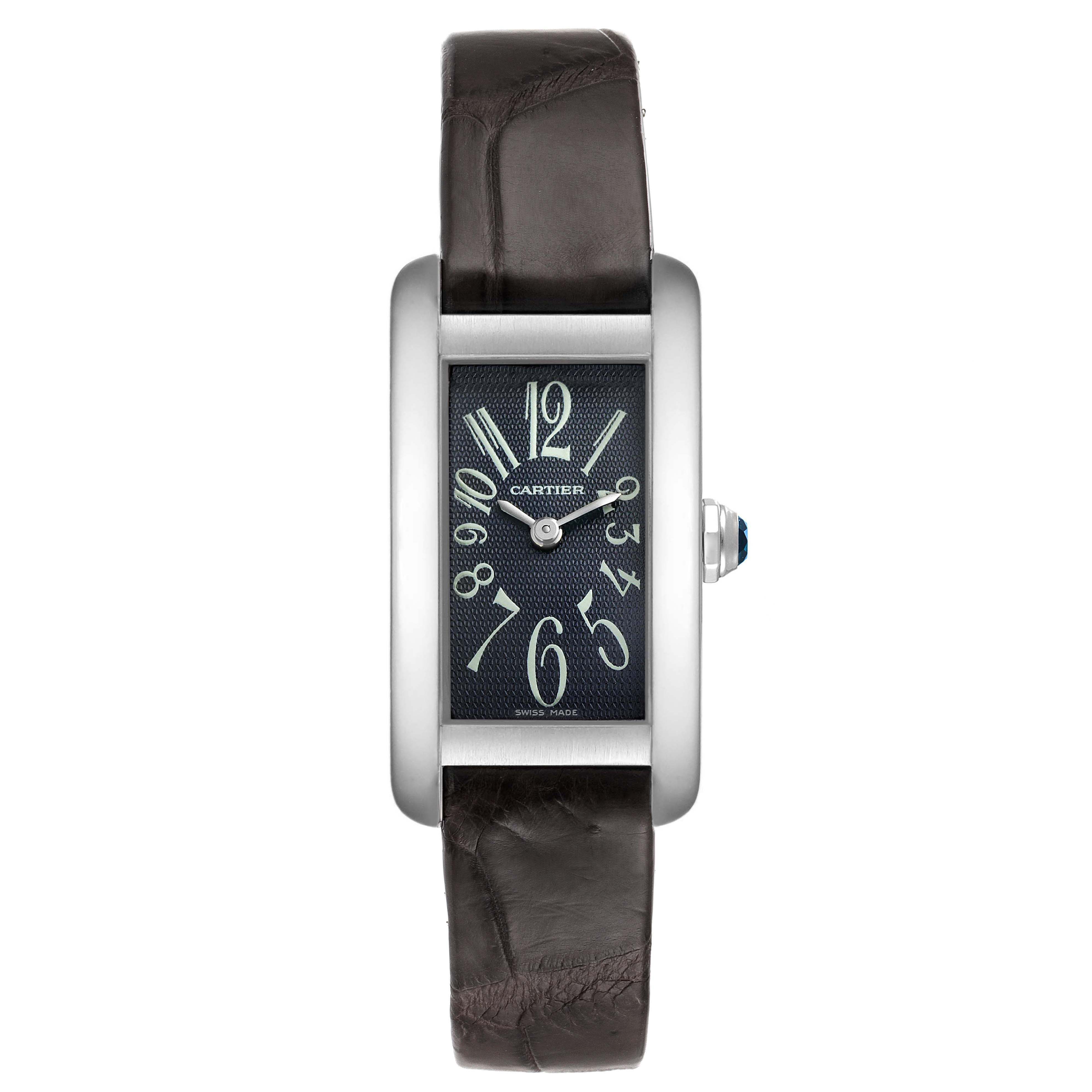 This image shows a front view of the Tank Americaine model by Cartier, displaying the face, case, and leather strap.