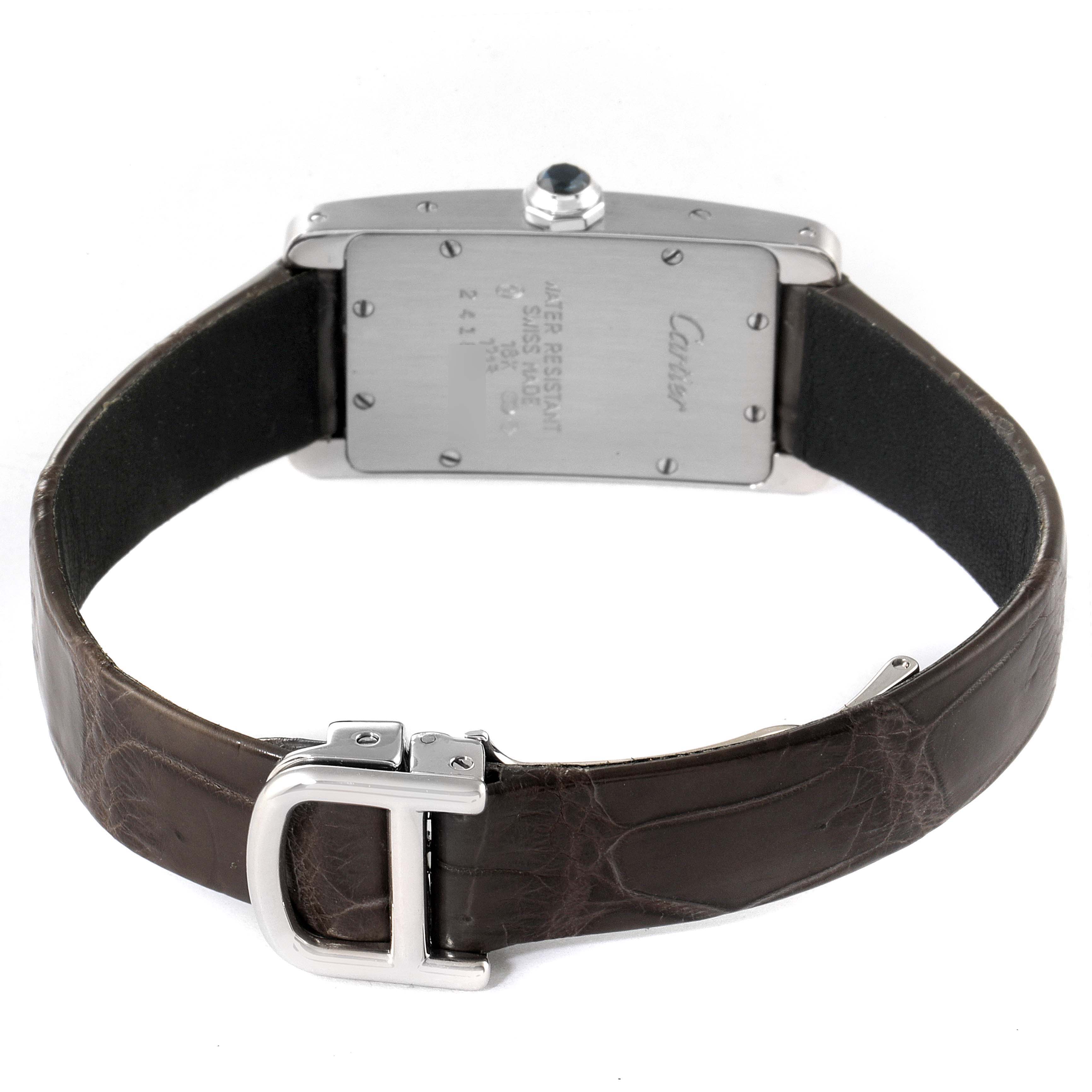 This image shows the back view of the Cartier Tank Américaine watch, including its leather strap and clasp.