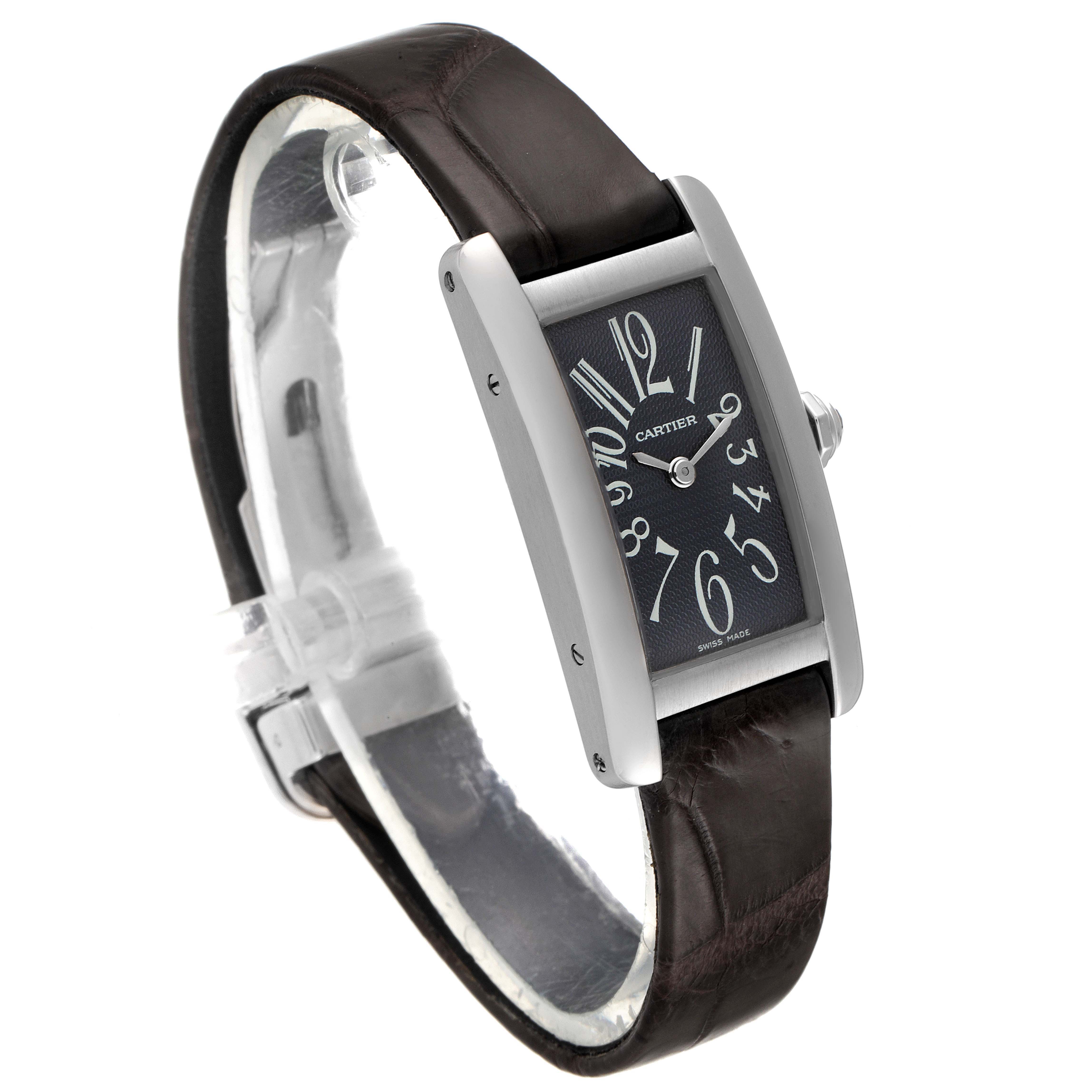 The Cartier Tank Americaine W2605129 Women's White Gold Grey Dial W2605129 Women's White Gold Grey Dial watch is shown at a slight angle, displaying its rectangular face, leather strap, and crown.