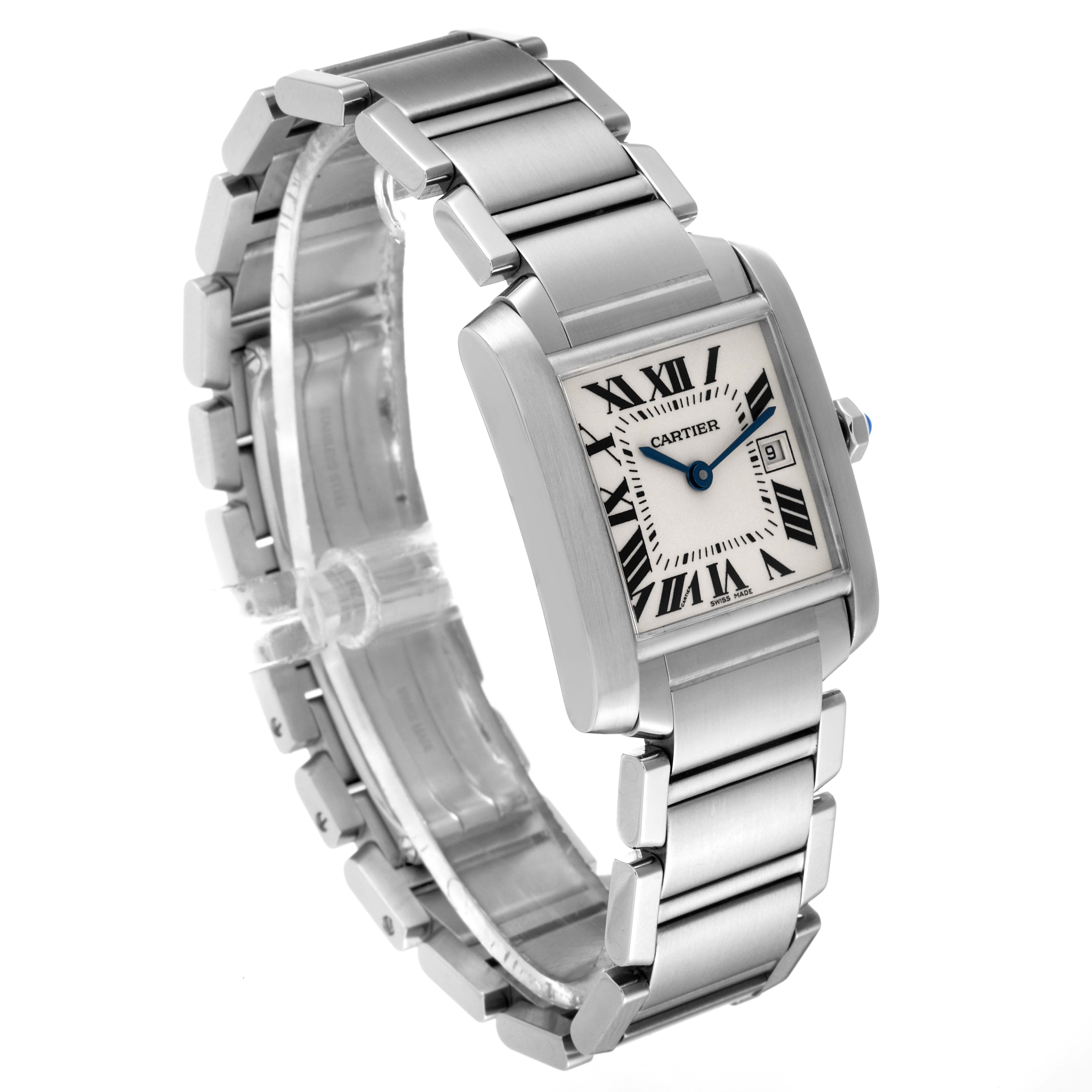 The image shows a Cartier Tank Francaise W51011Q3 Women's Stainless Steel Silver Dial W51011Q3 Women's Stainless Steel Silver Dial watch at an angled view, highlighting its rectangular face, Roman numeral dial, and metal bracelet.