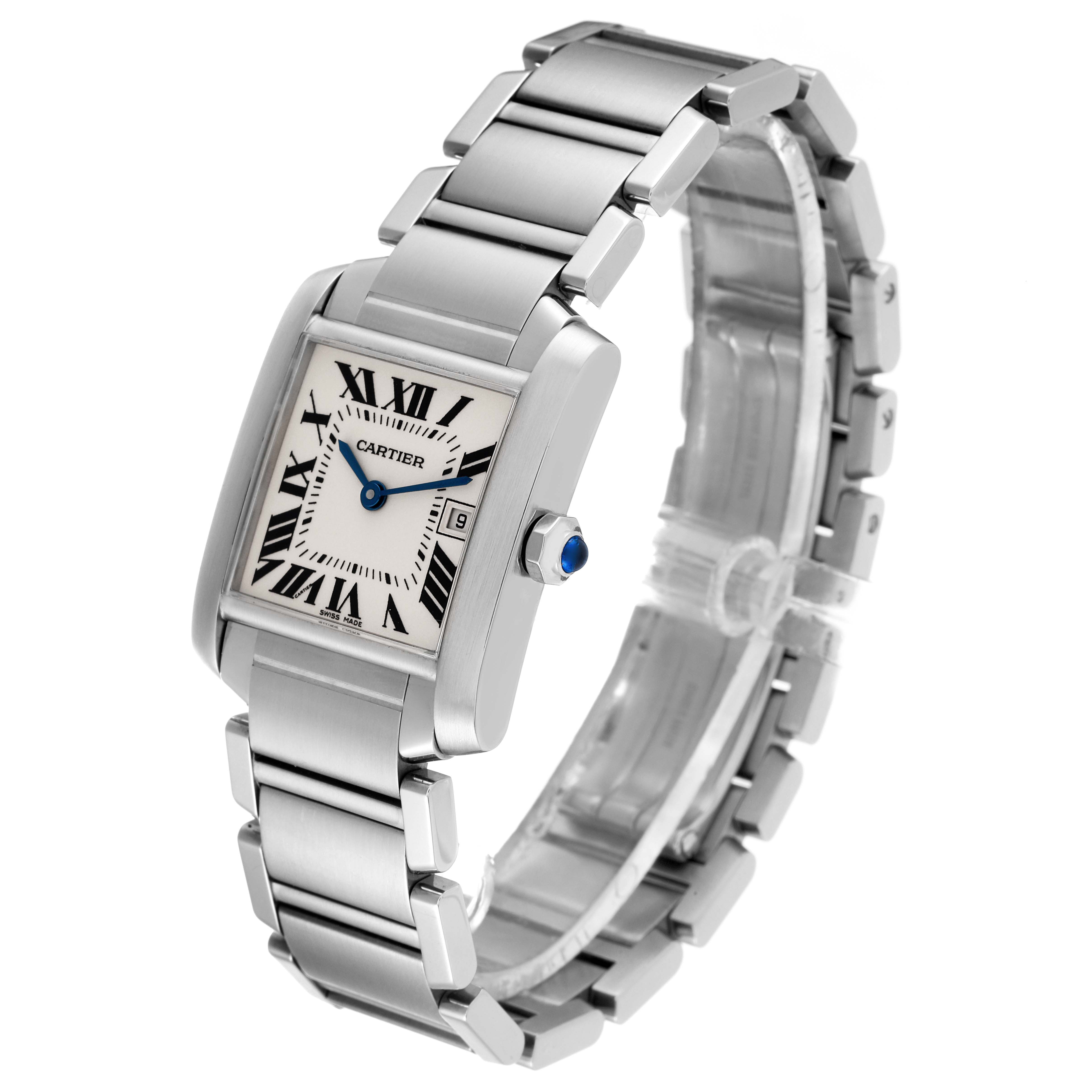 The image shows a Tank Francaise watch by Cartier at a slight angle, highlighting the face, bracelet, and crown.