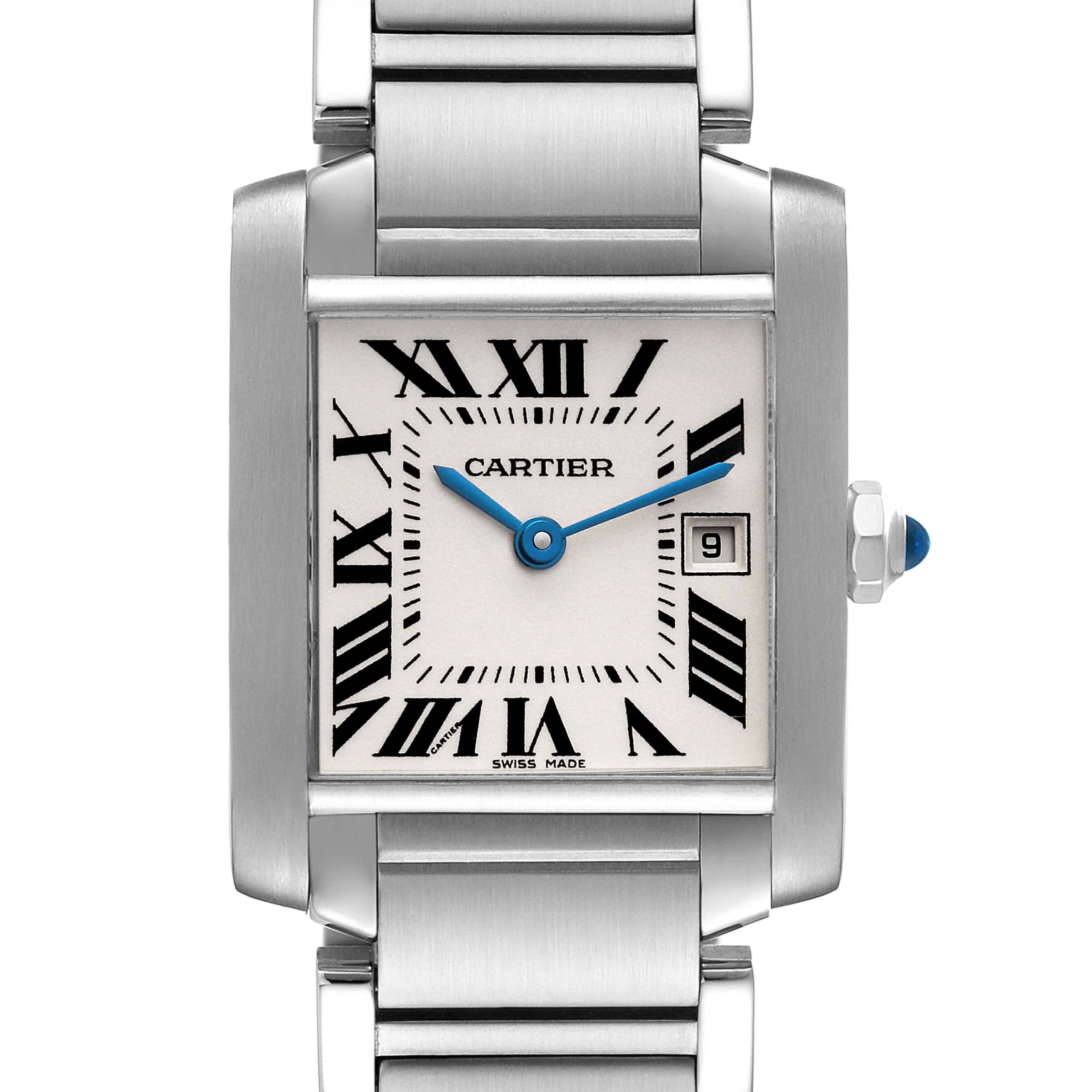 The image shows a front view of the Cartier Tank Française watch, focusing on the face, bracelet, and crown.