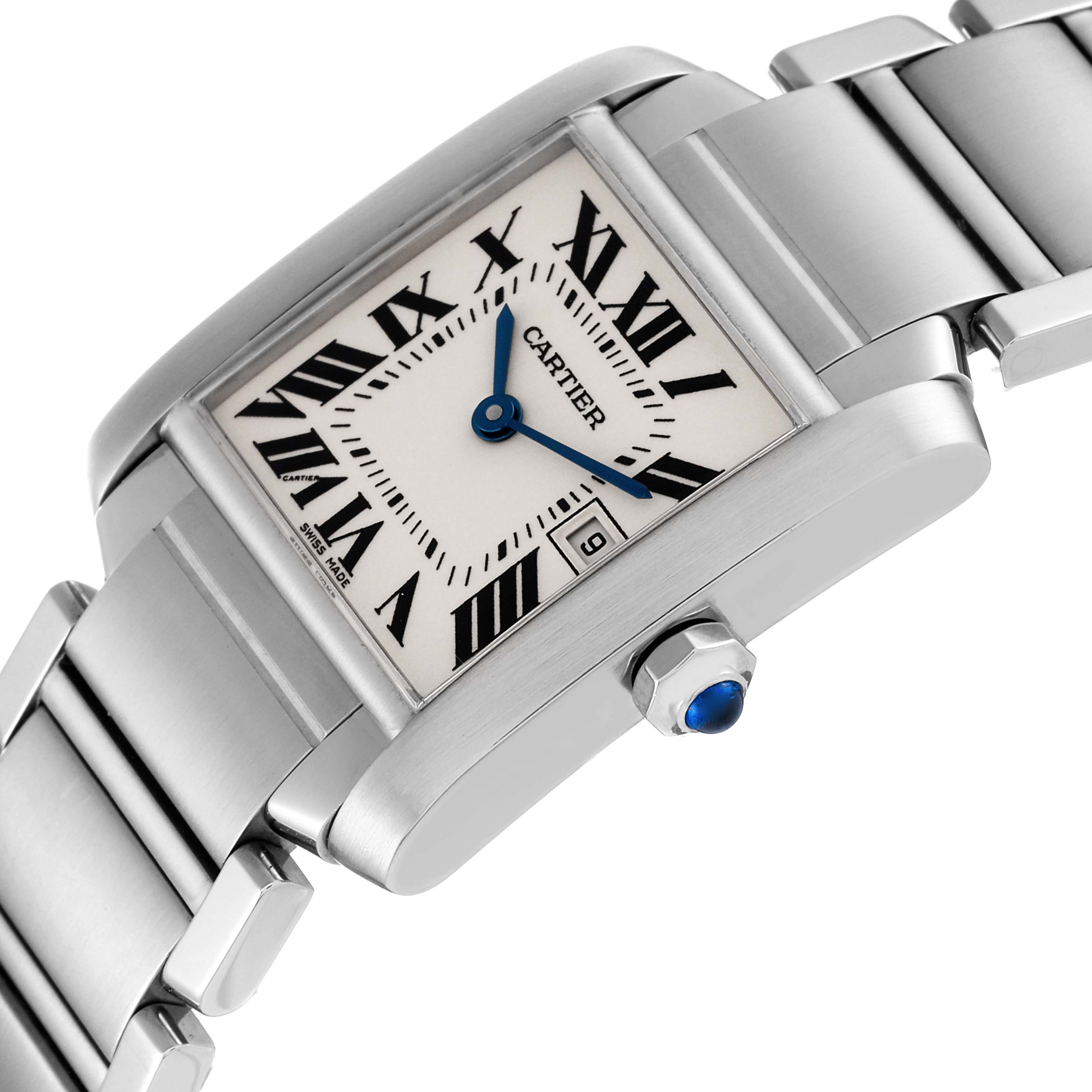 The image shows a close-up, angled view of a Cartier Tank Francaise W51011Q3 Women's Stainless Steel Silver Dial W51011Q3 Women's Stainless Steel Silver Dial watch, highlighting its face, bezel, and part of the bracelet.