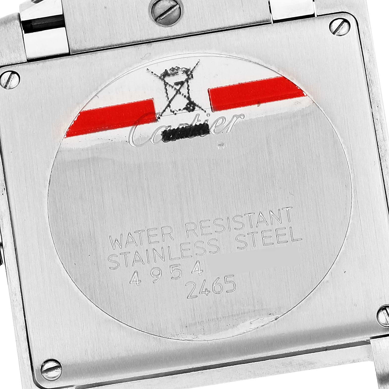 The image shows the back of a Cartier Tank Francaise W51011Q3 Women's Stainless Steel Silver Dial W51011Q3 Women's Stainless Steel Silver Dial watch, detailing its water resistance and stainless steel material.