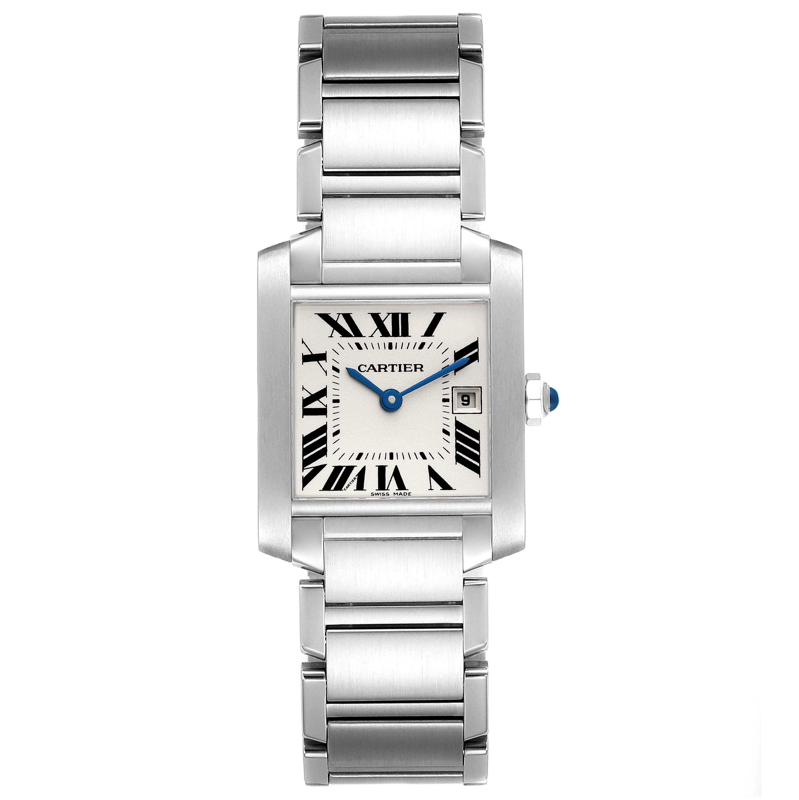 The image shows a Cartier Tank Francaise W51011Q3 Women's Stainless Steel Silver Dial W51011Q3 Women's Stainless Steel Silver Dial watch, focusing on the face and bracelet from a top-down angle.
