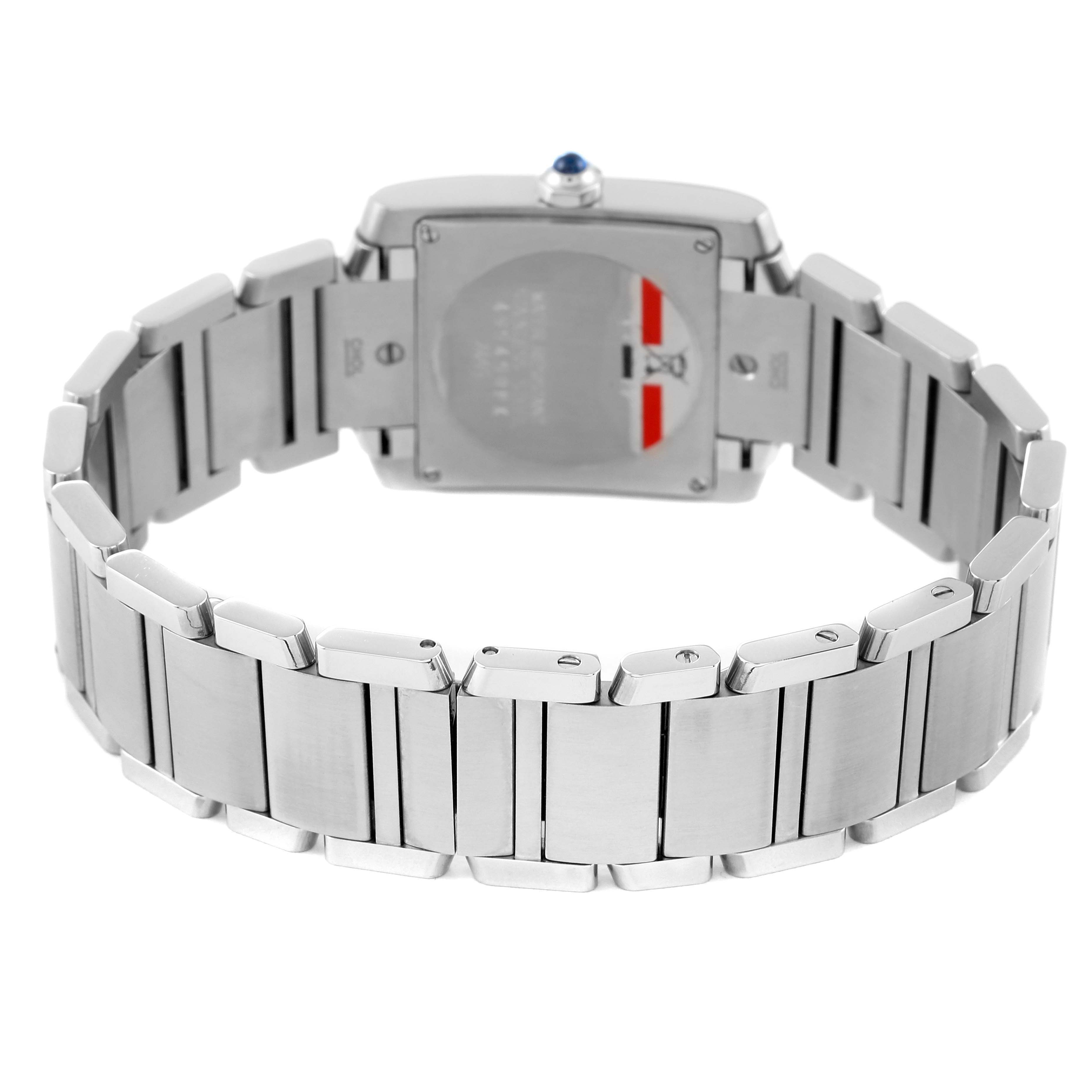 The image shows the back view and bracelet of the Cartier Tank Francaise W51011Q3 Women's Stainless Steel Silver Dial W51011Q3 Women's Stainless Steel Silver Dial watch.