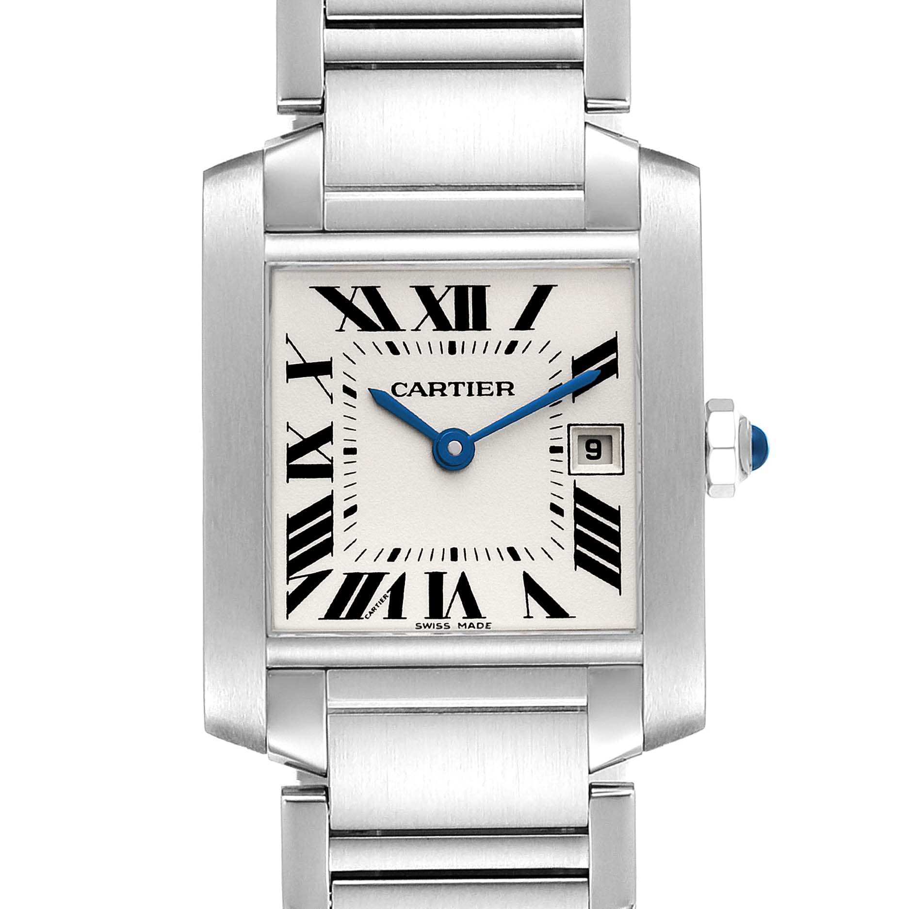 This image shows a frontal view of a Cartier Tank Francaise W51011Q3 Women's Stainless Steel Silver Dial W51011Q3 Women's Stainless Steel Silver Dial watch, highlighting its dial, bracelet, and crown.