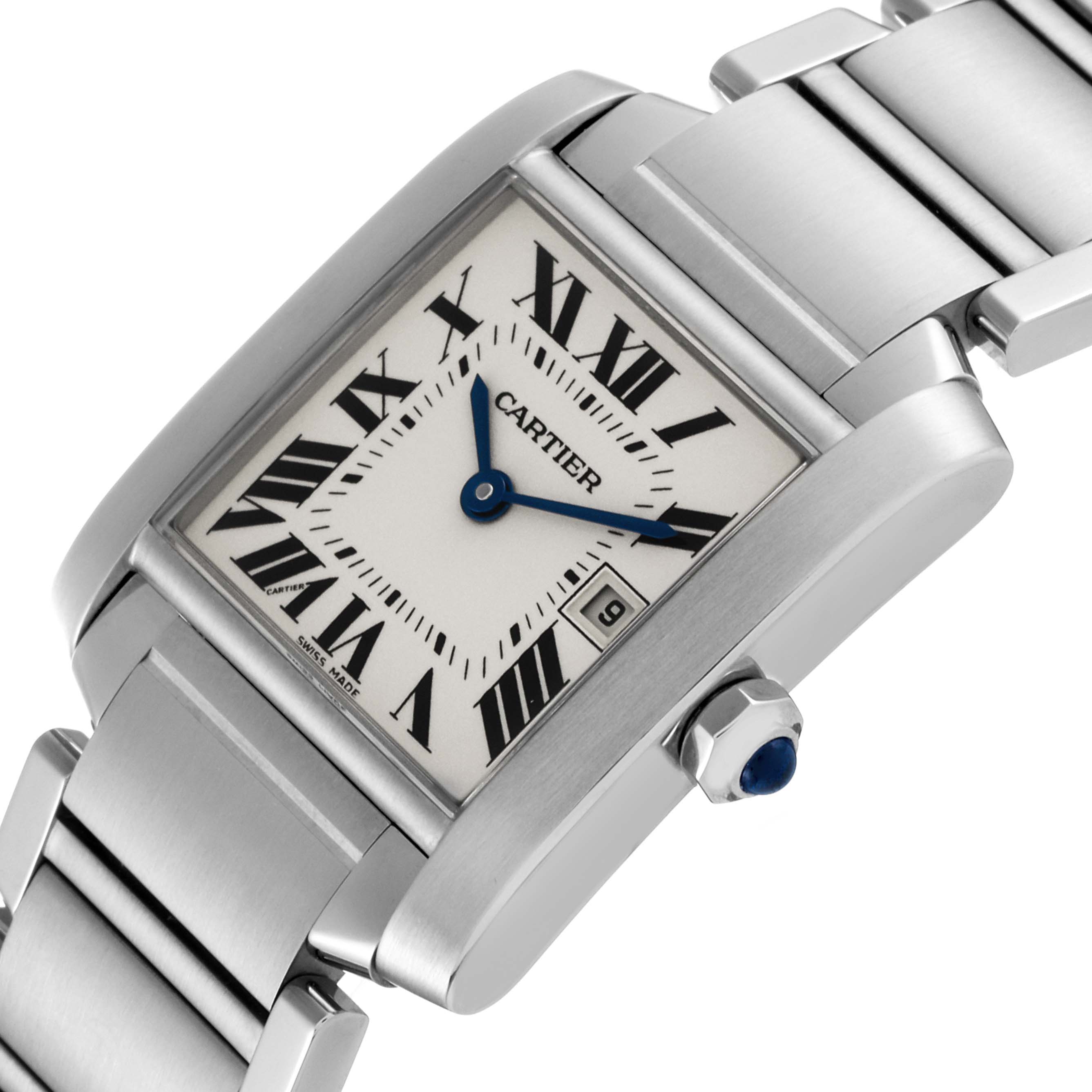 This image shows the face, band, and crown of a Cartier Tank Francaise W51011Q3 Women's Stainless Steel Silver Dial W51011Q3 Women's Stainless Steel Silver Dial watch at an angled close-up view.