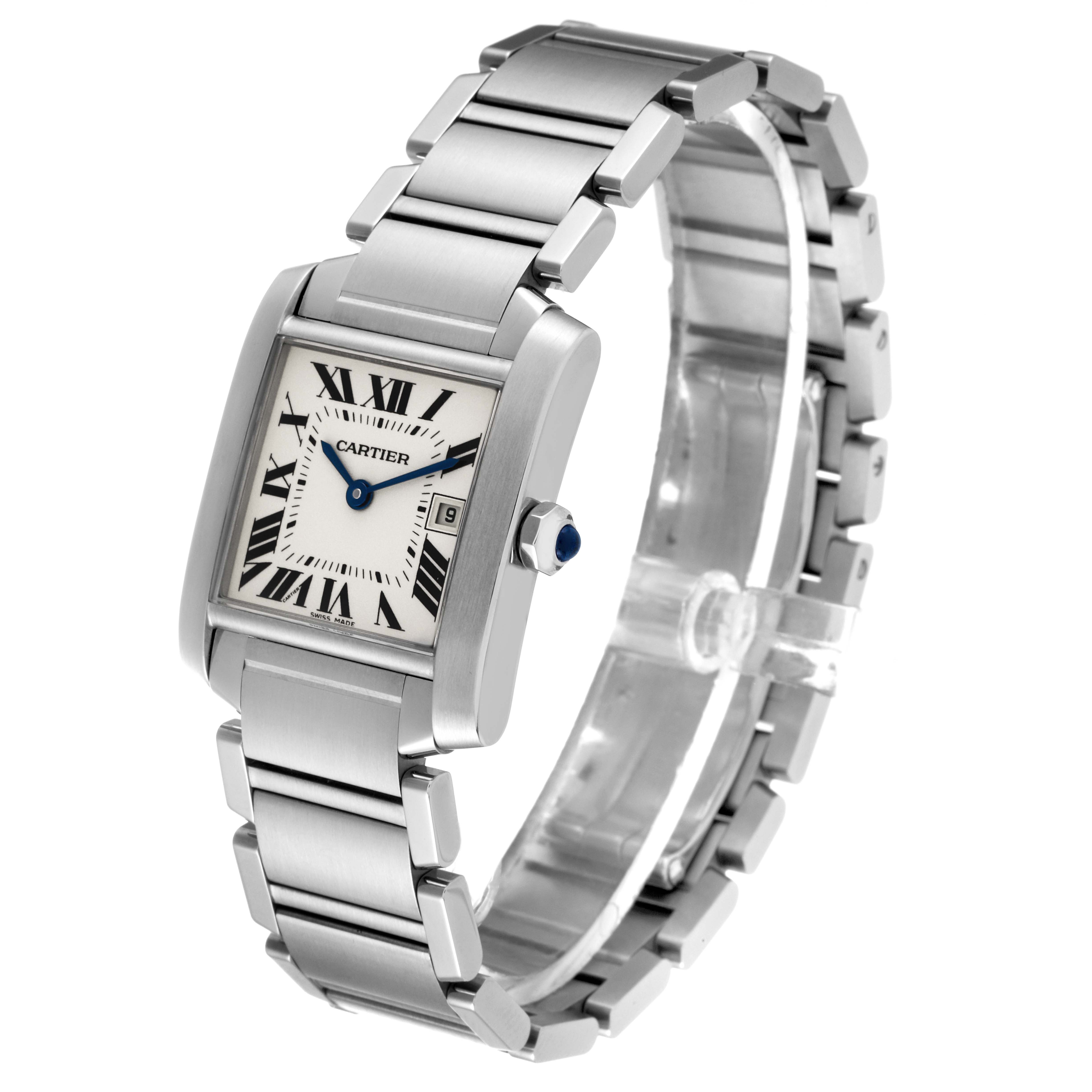 The image shows a Cartier Tank Francaise W51011Q3 Women's Stainless Steel Silver Dial W51011Q3 Women's Stainless Steel Silver Dial watch angled from the front-left, highlighting its rectangular face and stainless steel bracelet.