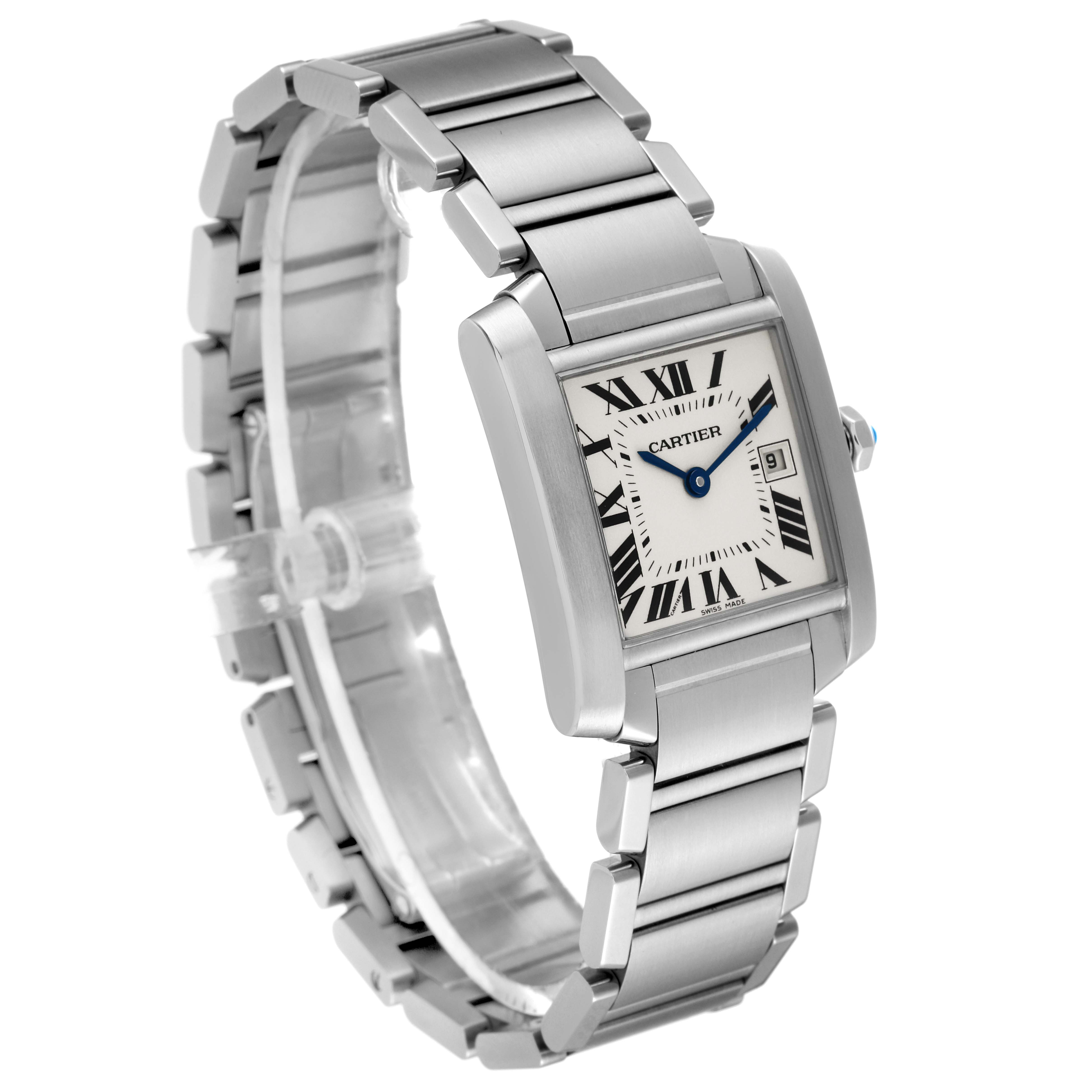 The image shows a three-quarter view of the Cartier Tank Francaise W51011Q3 Women's Stainless Steel Silver Dial W51011Q3 Women's Stainless Steel Silver Dial watch, highlighting its rectangular dial and metal bracelet.