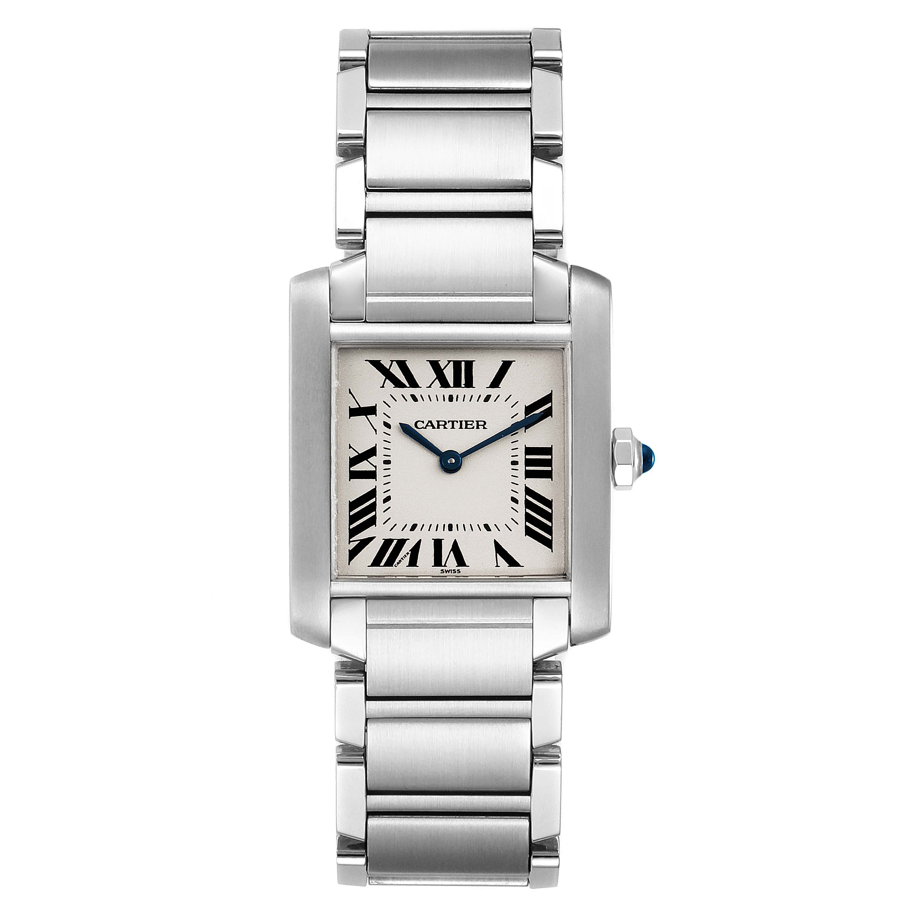 The image shows a full, front view of the Cartier Tank Francaise WSTA0005 Women's Stainless Steel Silver Dial WSTA0005 Women's Stainless Steel Silver Dial watch, highlighting its rectangular face and stainless steel bracelet.