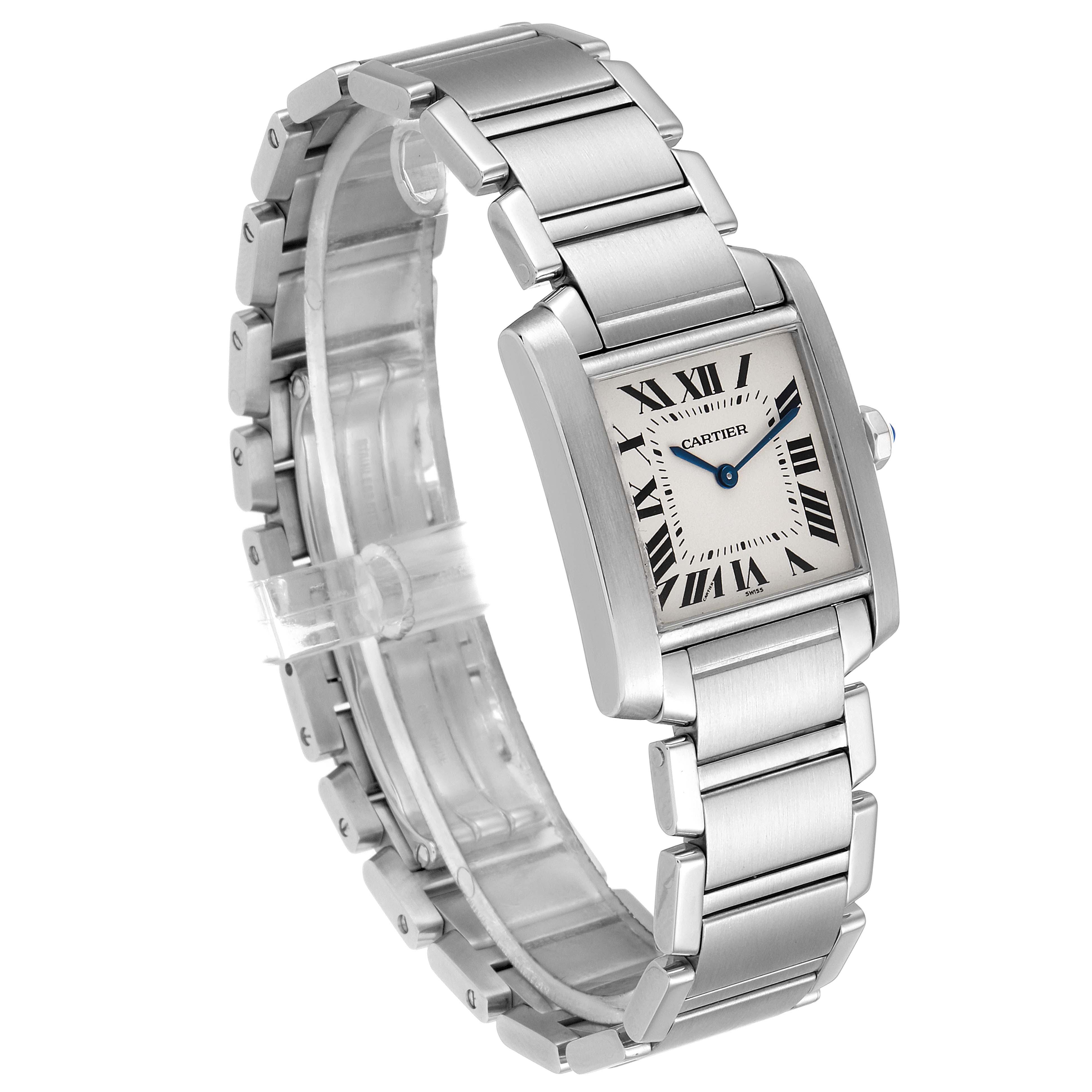 The Tank Francaise model by Cartier is shown from an angled view displaying its face, bracelet, and clasp.