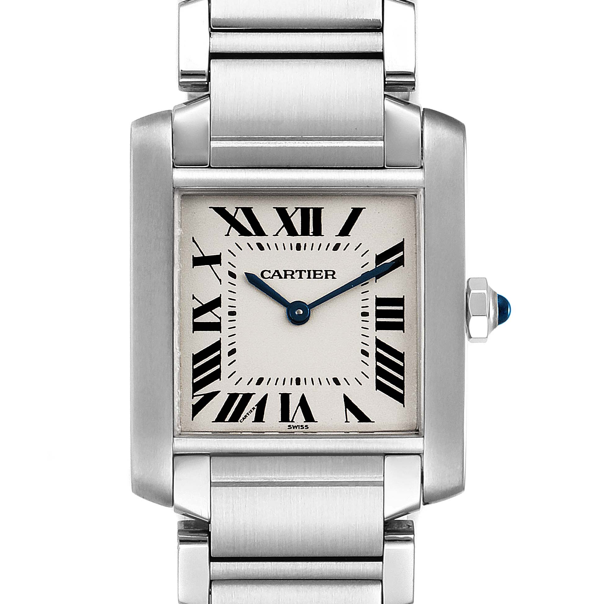 This image showcases a front view of the Cartier Tank Francaise WSTA0005 Women's Stainless Steel Silver Dial WSTA0005 Women's Stainless Steel Silver Dial watch, focusing on the face and part of the bracelet.