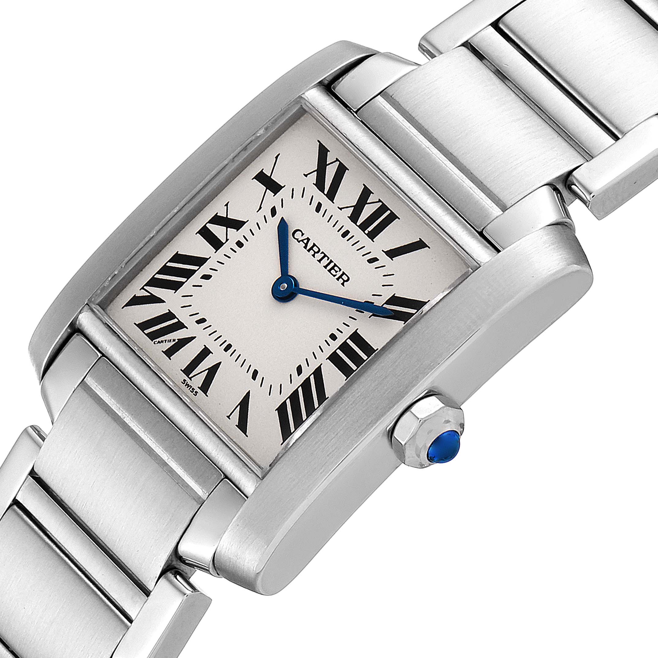 The image shows a close-up of the Cartier Tank Francaise WSTA0005 Women's Stainless Steel Silver Dial WSTA0005 Women's Stainless Steel Silver Dial watch featuring the dial, bezel, bracelet, and crown.