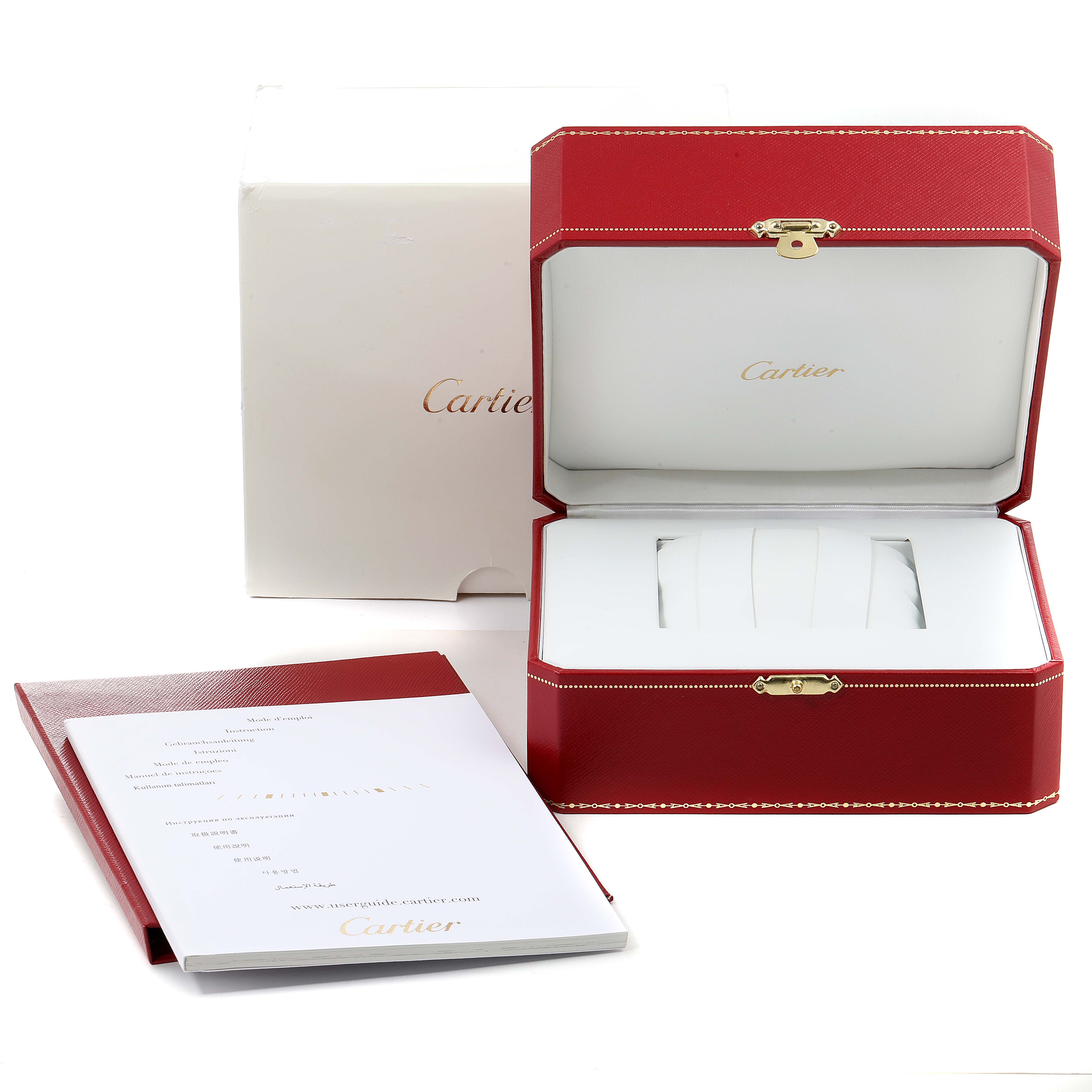 The image shows a Cartier Tank Francaise WSTA0005 Women's Stainless Steel Silver Dial WSTA0005 Women's Stainless Steel Silver Dial watch box, a white outer box, and a booklet, all viewed from a front angle.