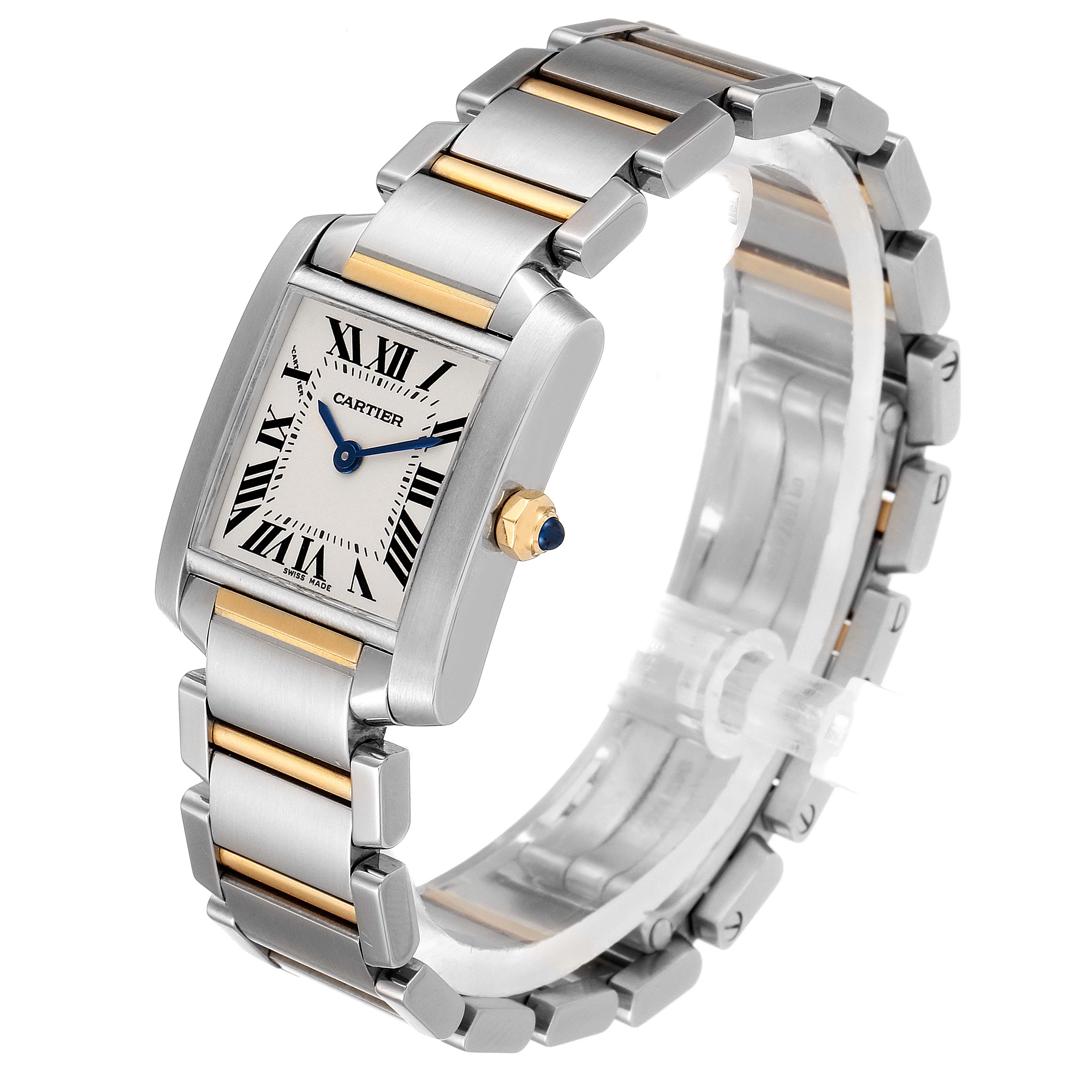 The image shows a Cartier Tank Francaise W51007Q4 Women's Steel and Gold (two tone) Silver Dial W51007Q4 Women's Steel and Gold (two tone) Silver Dial watch at an angle, highlighting its face, bracelet, and crown.