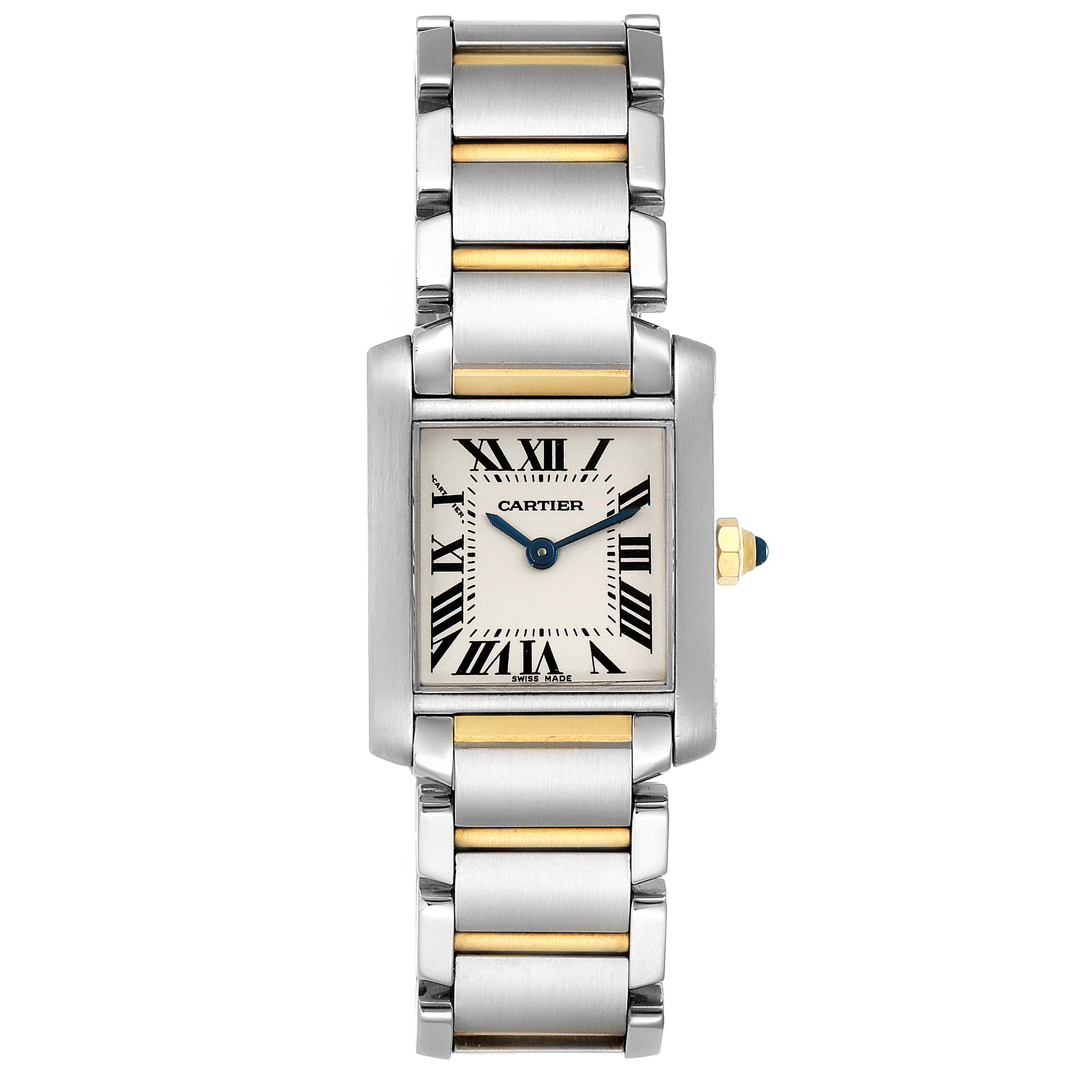The image shows a Tank Francaise watch by Cartier from a top-down angle, highlighting its rectangular face and two-tone bracelet.