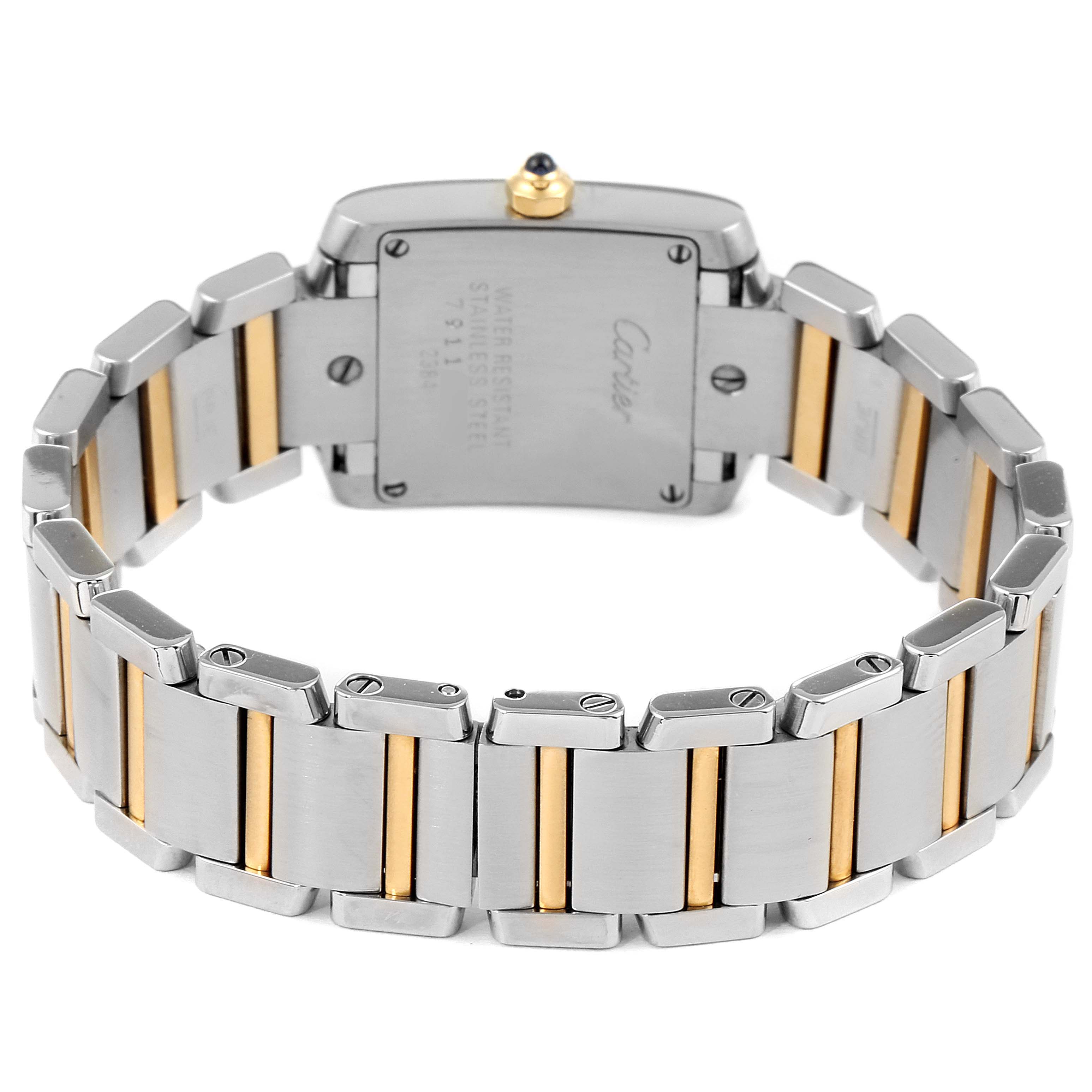 This image shows the back view of the Cartier Tank Française watch, highlighting its stainless steel and gold bracelet.