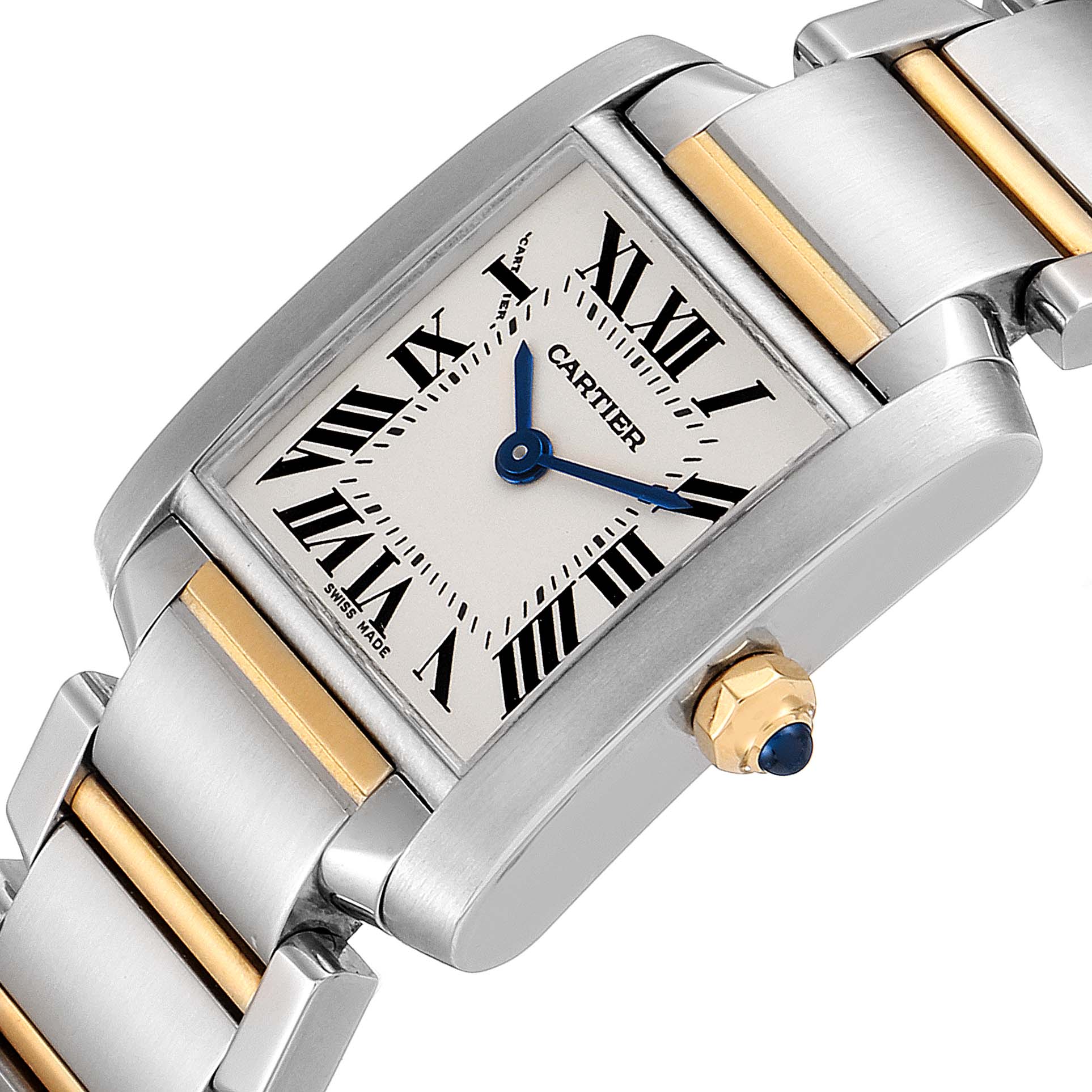 The image shows the Cartier Tank Francaise W51007Q4 Women's Steel and Gold (two tone) Silver Dial W51007Q4 Women's Steel and Gold (two tone) Silver Dial watch at a slight angle, displaying its rectangular face, Roman numerals, and part of the metal band.