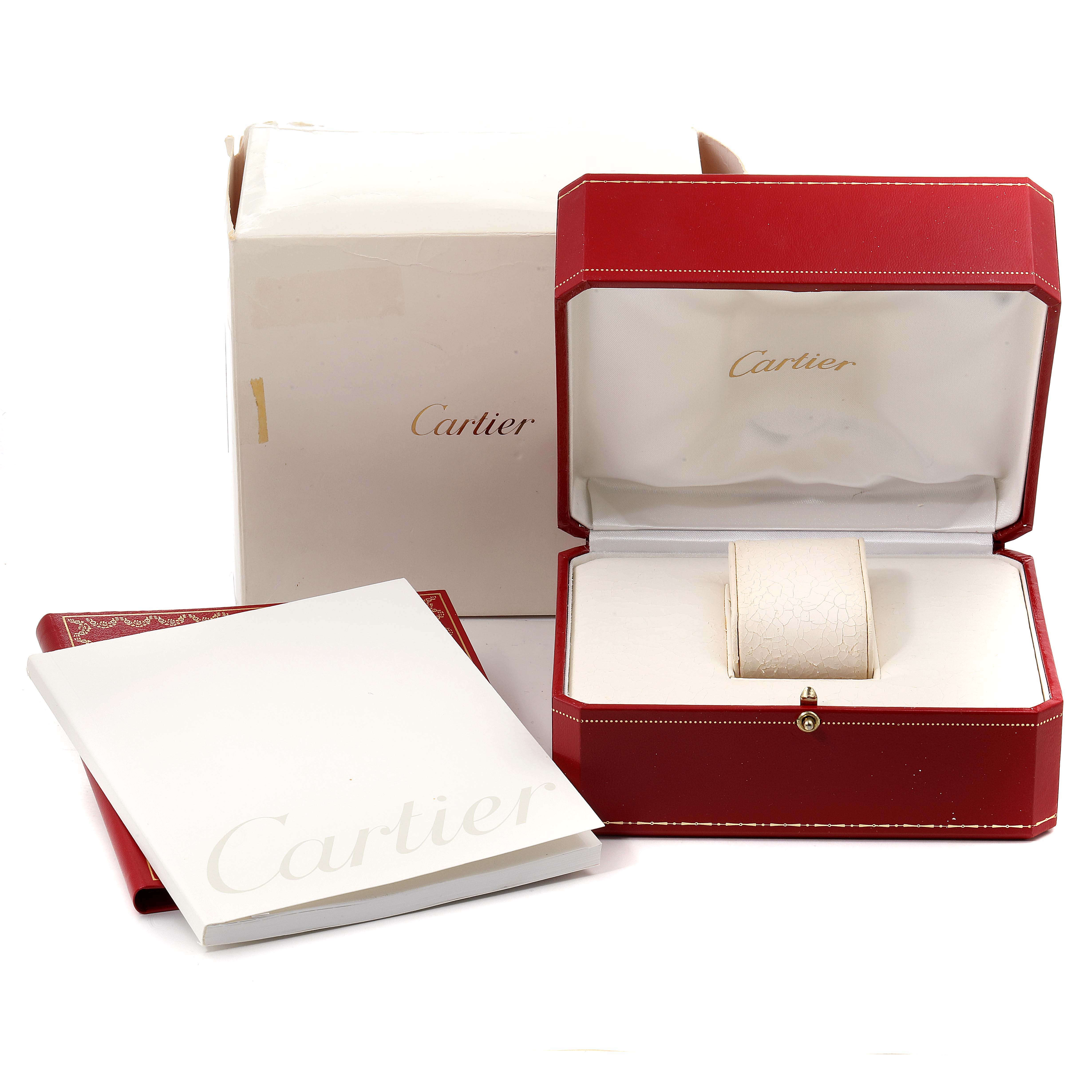 The image shows a Cartier Tank Francaise W51007Q4 Women's Steel and Gold (two tone) Silver Dial W51007Q4 Women's Steel and Gold (two tone) Silver Dial watch box, a red protective box, and a white booklet.