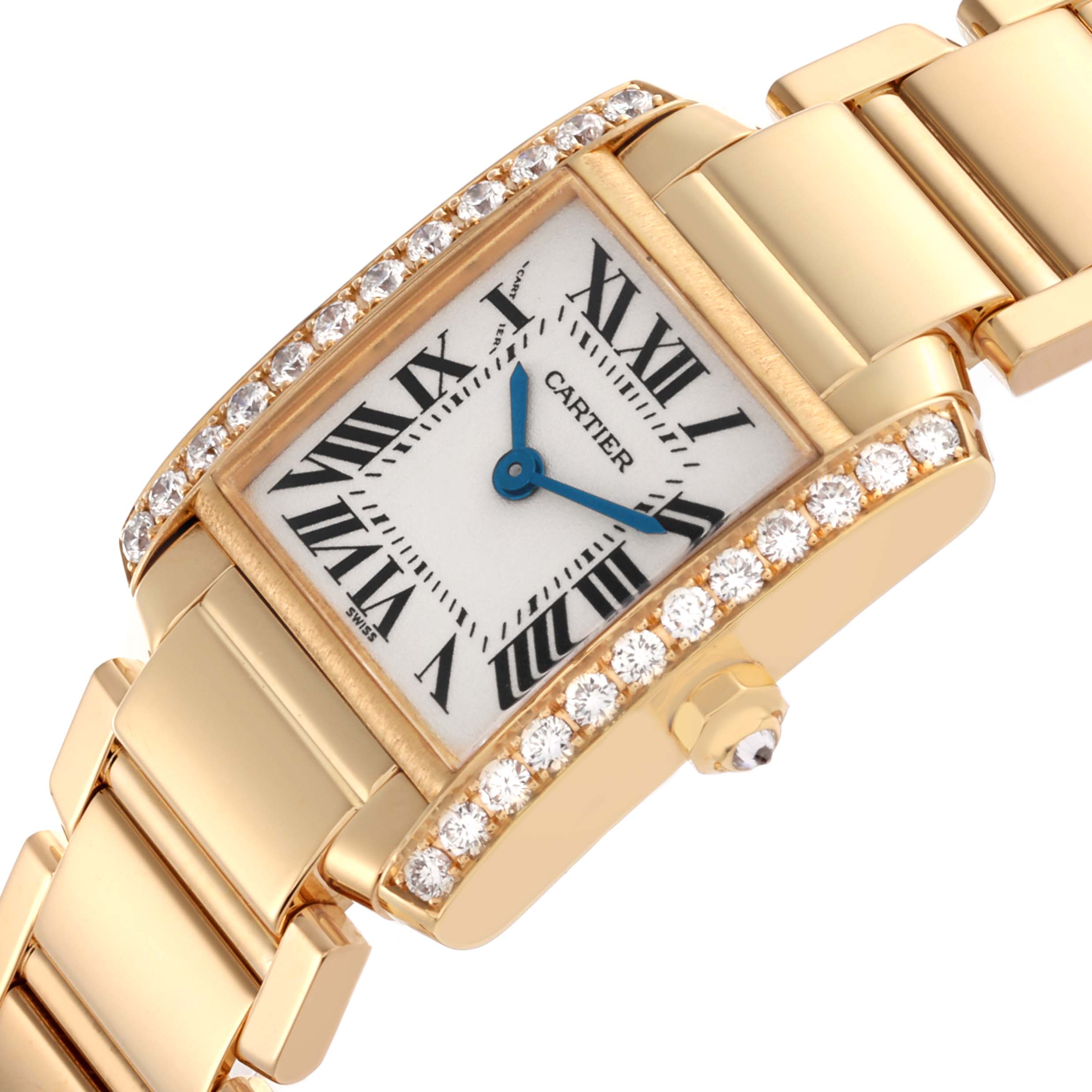 The Cartier Tank Francaise WE1001R8 Women's Yellow Gold Silver Dial WE1001R8 Women's Yellow Gold Silver Dial watch is shown at an angled view, highlighting its diamond-studded bezel and gold bracelet.