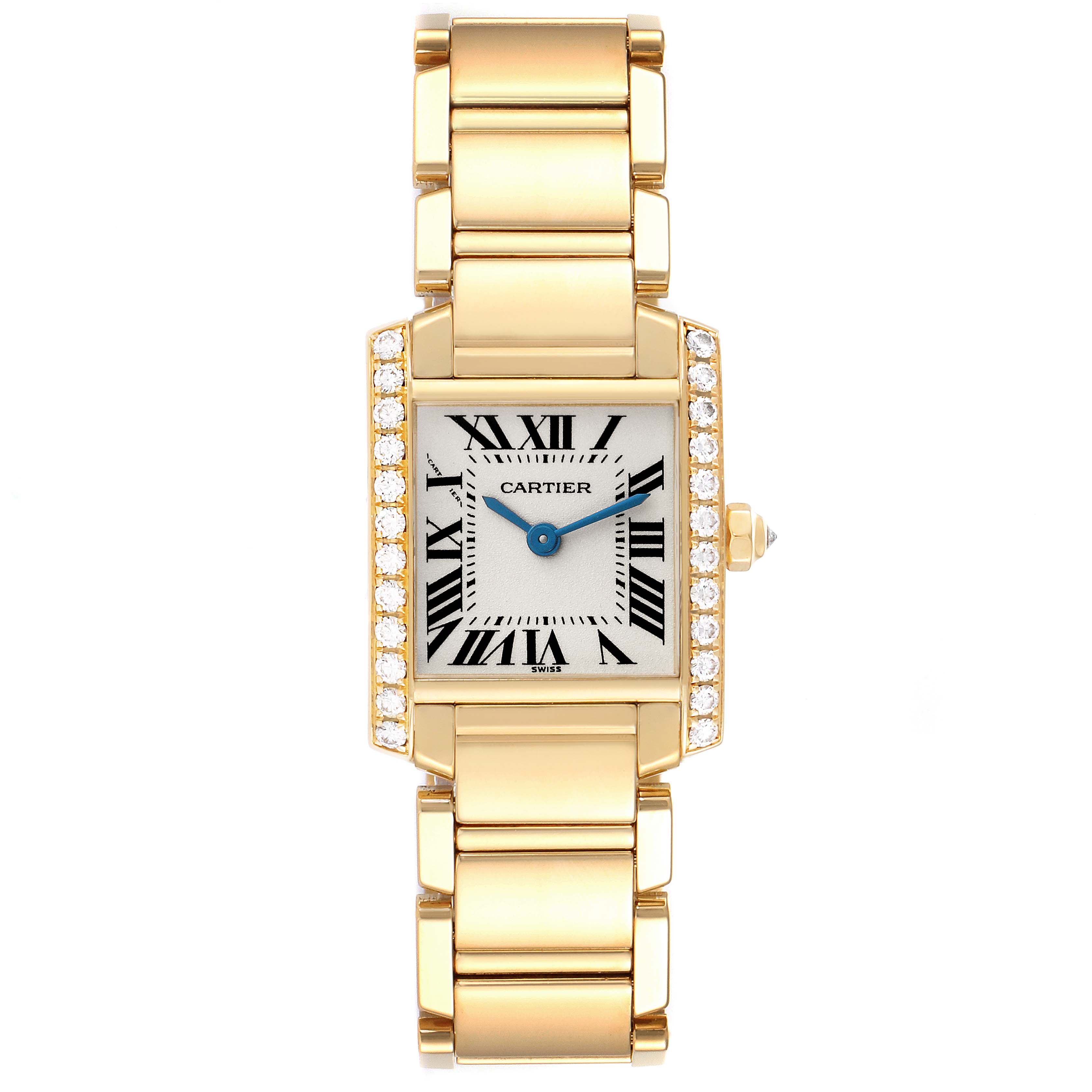 The Cartier Tank Francaise WE1001R8 Women's Yellow Gold Silver Dial WE1001R8 Women's Yellow Gold Silver Dial watch is shown from the front, displaying the face, bezel, and part of the bracelet.