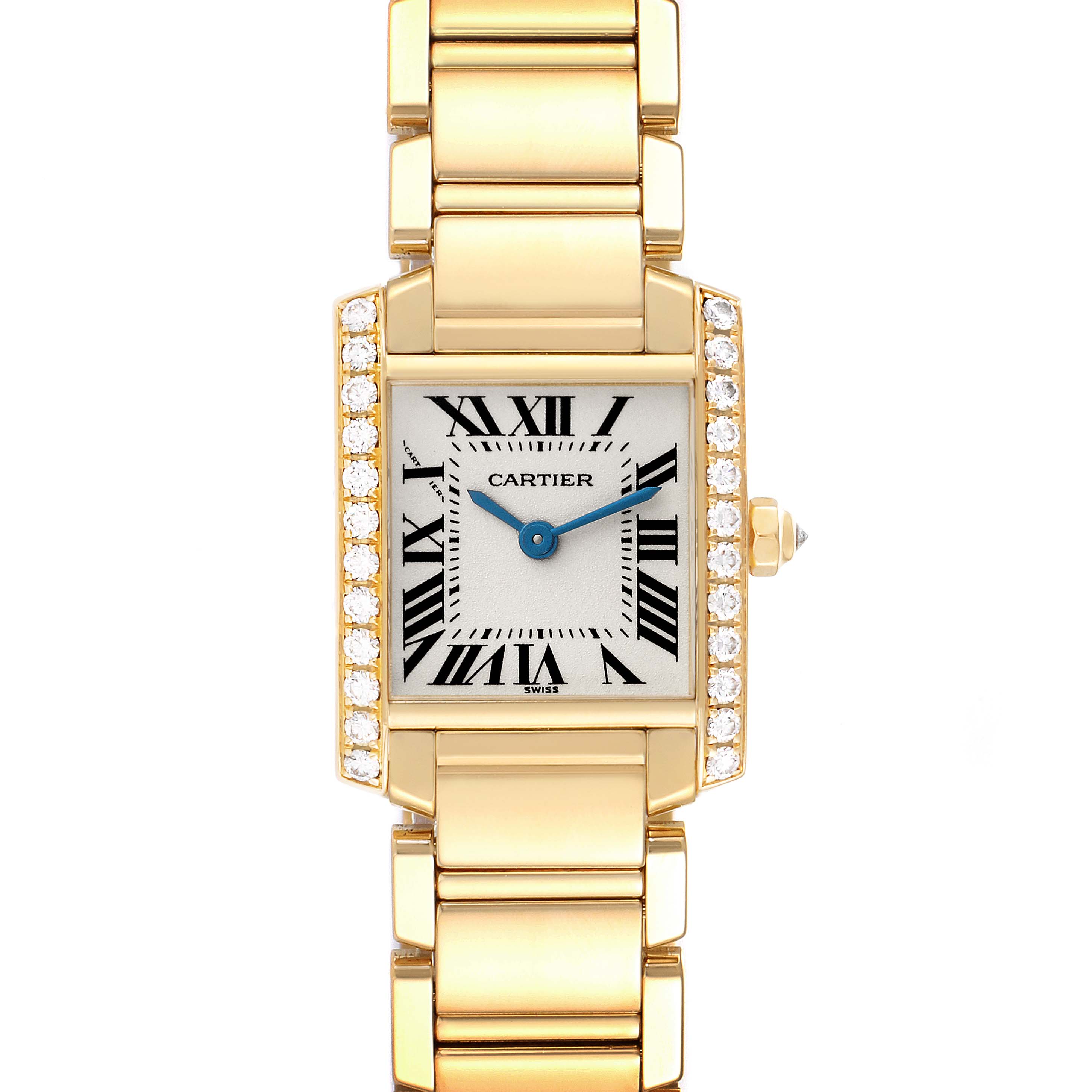The Cartier Tank Française is shown from a top-down angle, highlighting its gold bracelet, rectangular face, Roman numerals, and diamond accents.