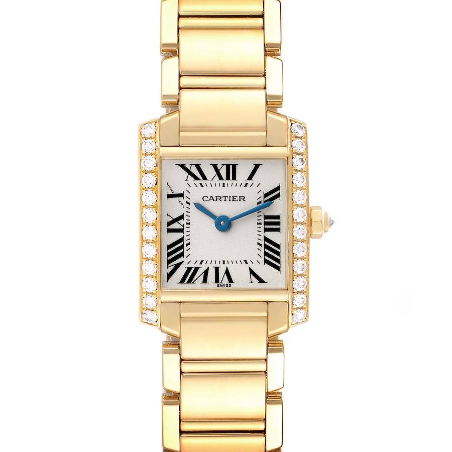 The Cartier Tank Française is shown from a top-down angle, highlighting its gold bracelet, rectangular face, Roman numerals, and diamond accents.