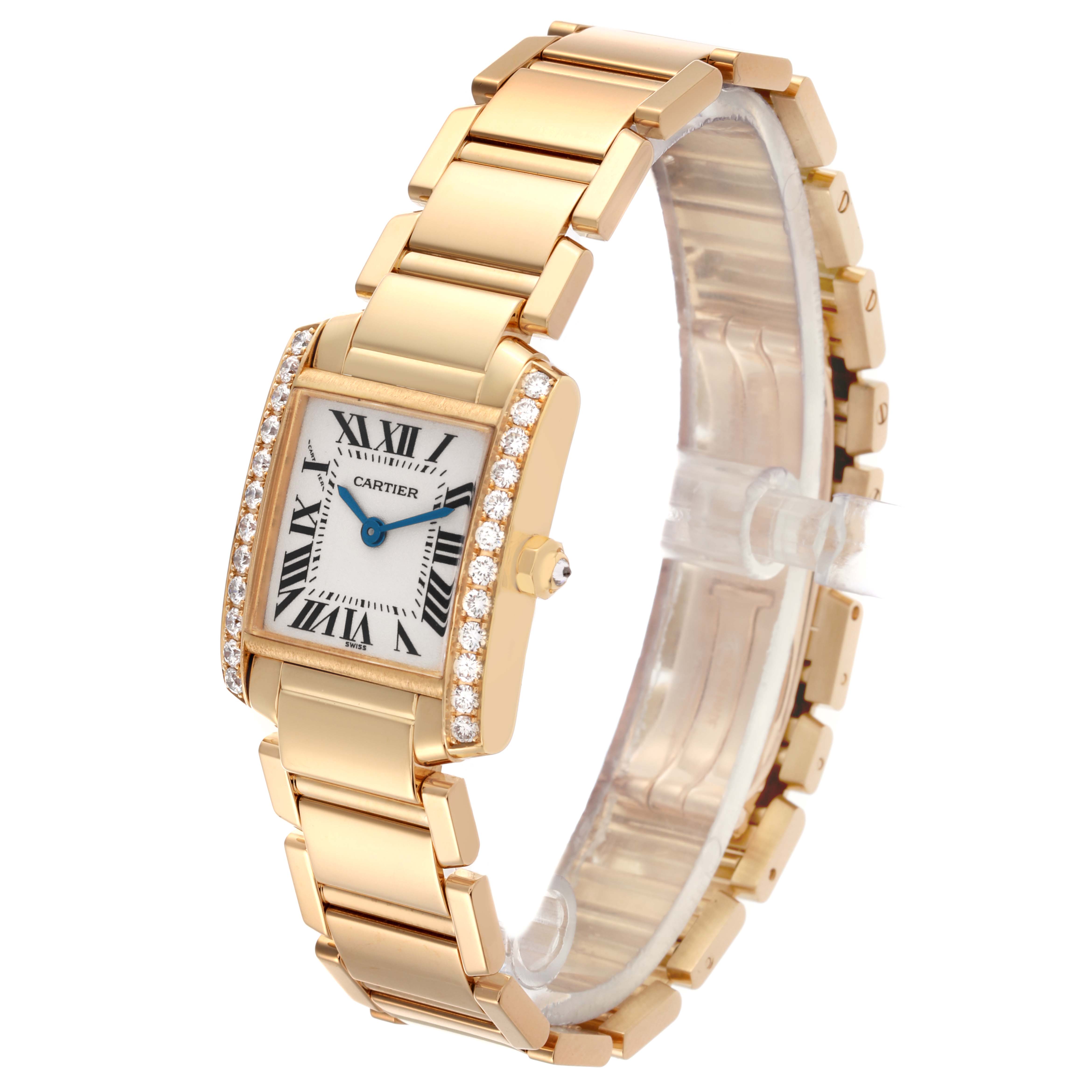 The Cartier Tank Française watch is shown at a side angle, highlighting its bracelet, rectangular face, and diamond bezel.