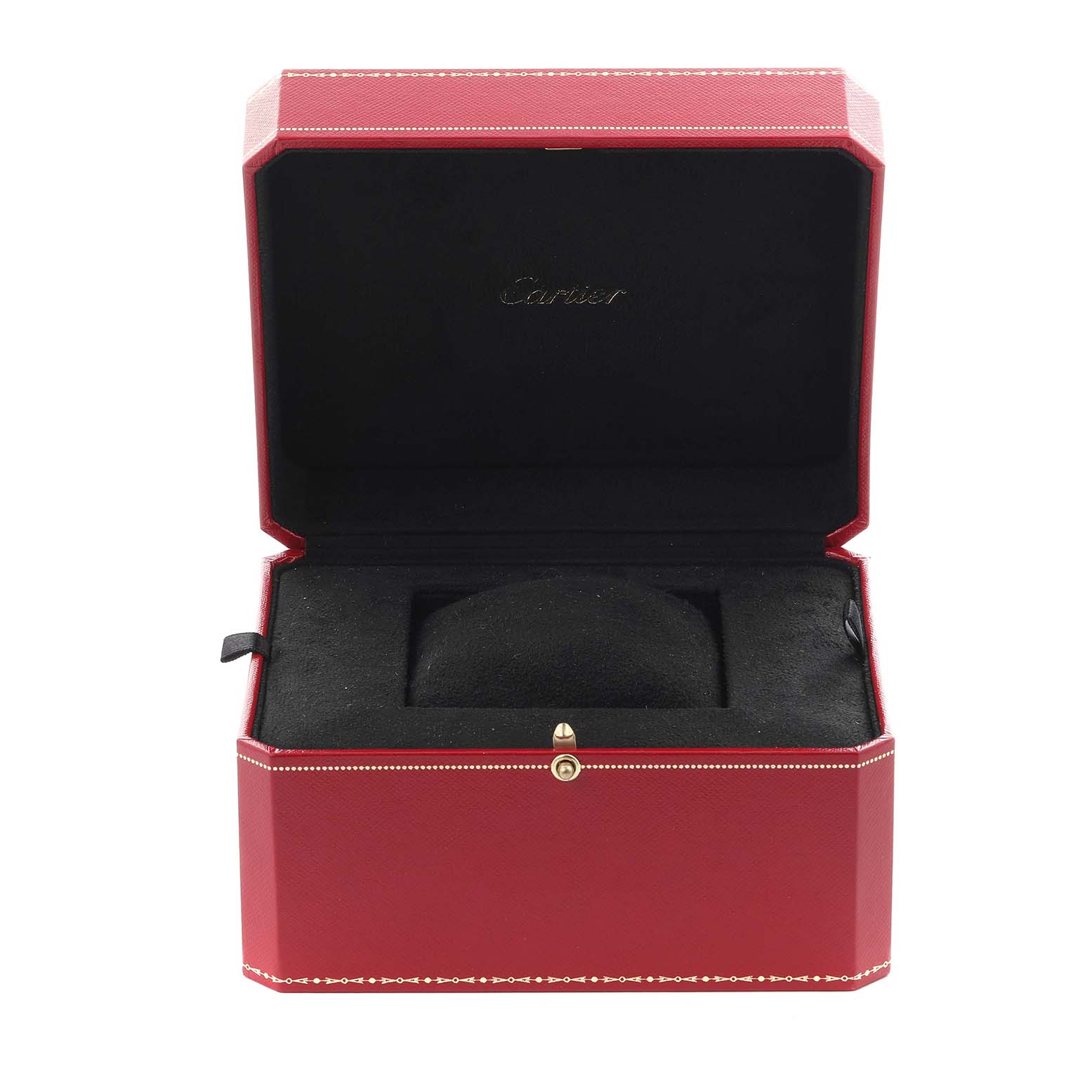 The image shows an open Cartier watch box for a Tank Francaise model, with the interior lining visible.