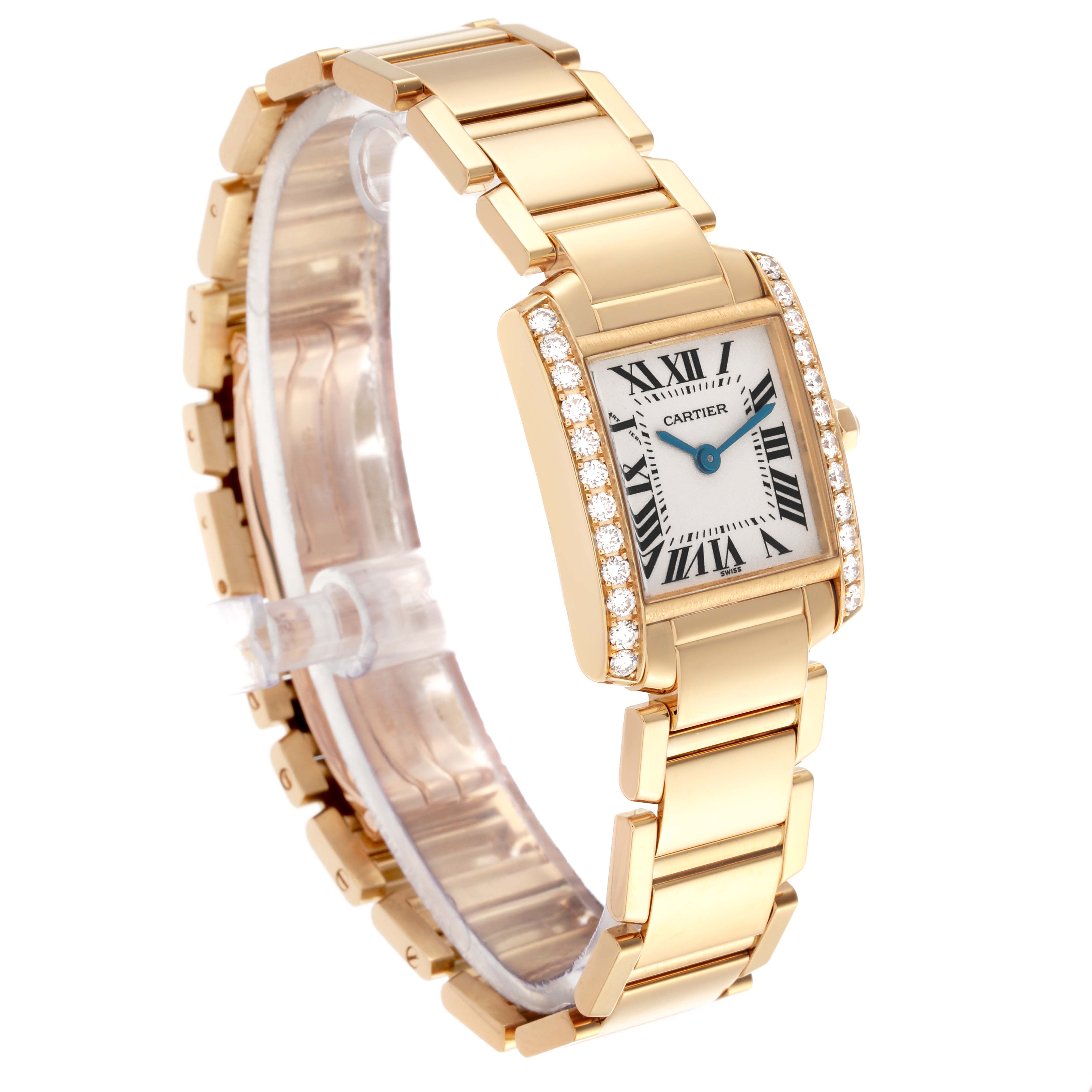 The Cartier Tank Française watch is shown at an angled view, highlighting the face, bracelet, and diamond-set case.