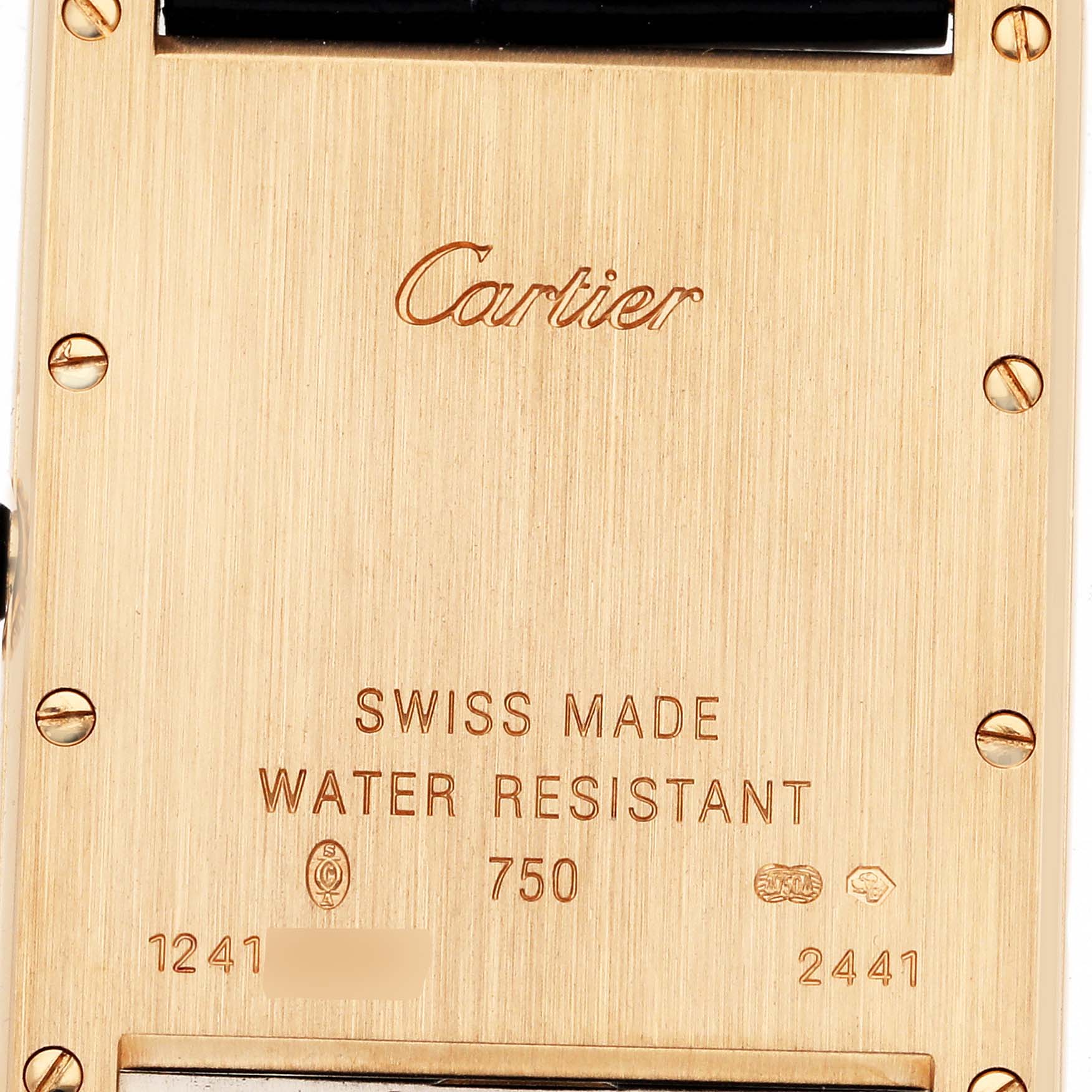 The image shows the back case of the Cartier Tank Louis W1529756 Men's Yellow Gold Silver Dial W1529756 Men's Yellow Gold Silver Dial watch, displaying engraving details including brand, water resistance, and markings.