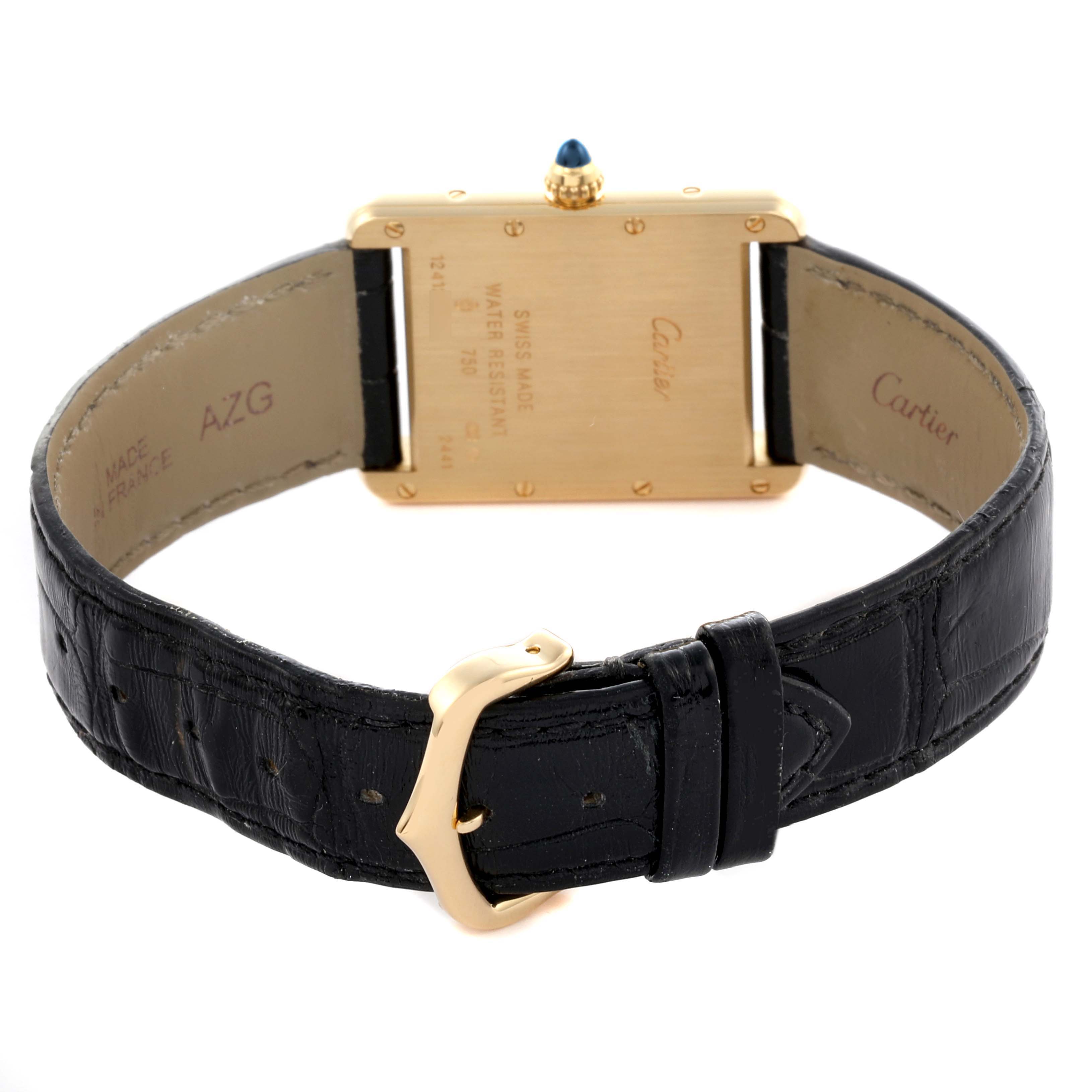 The image shows the back of the Cartier Tank Louis W1529756 Men's Yellow Gold Silver Dial W1529756 Men's Yellow Gold Silver Dial watch, featuring the case back, crown, and leather strap with a gold buckle.