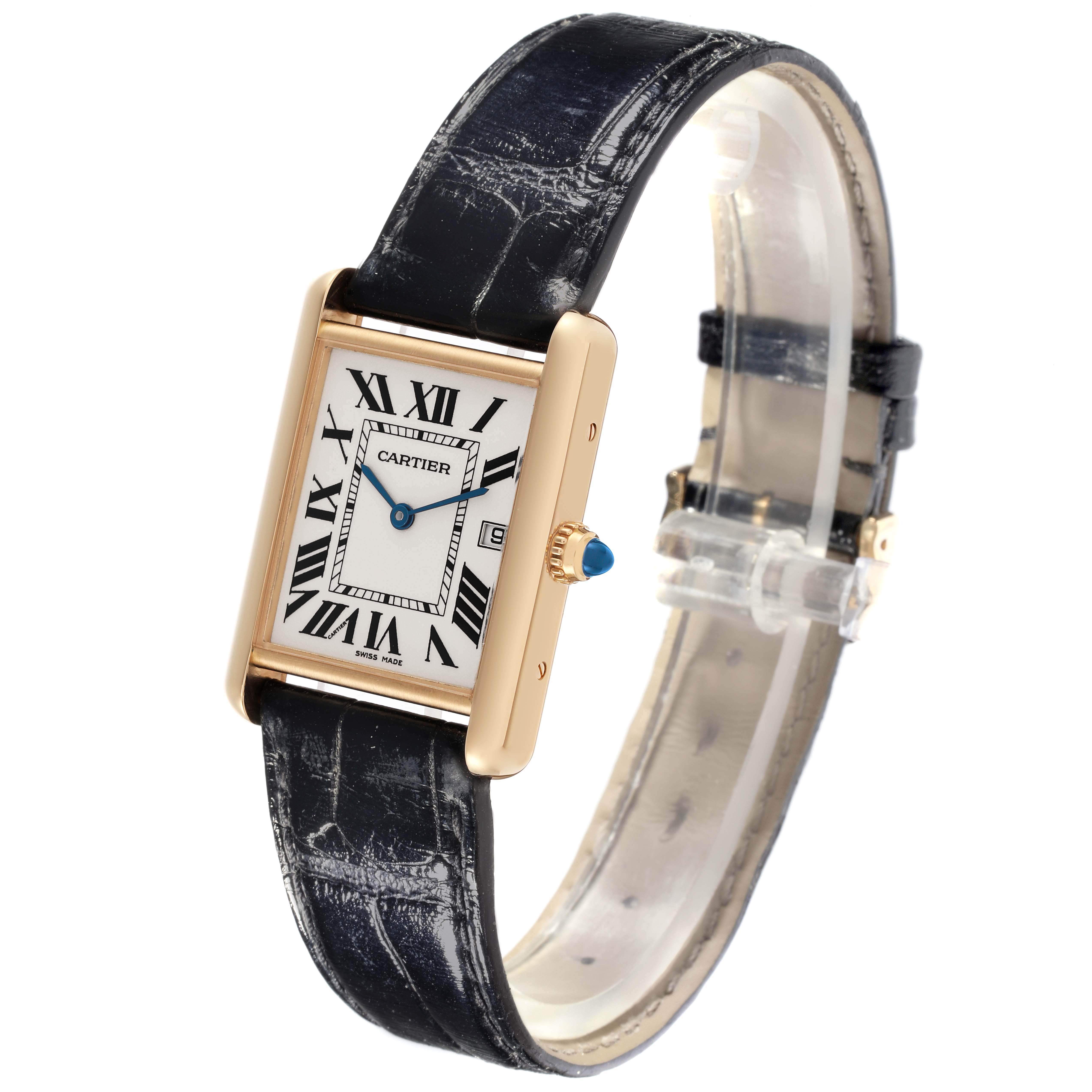 The Cartier Tank Louis W1529756 Men's Yellow Gold Silver Dial W1529756 Men's Yellow Gold Silver Dial watch is shown at an angle displaying the rectangular face, Roman numerals, gold case, and black leather strap.