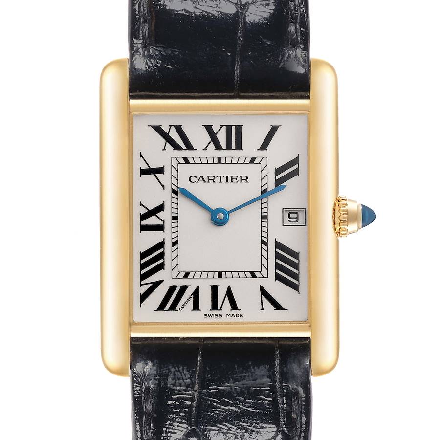 The Cartier Tank Louis watch is shown from the front, displaying the face, Roman numerals, crown, and strap.