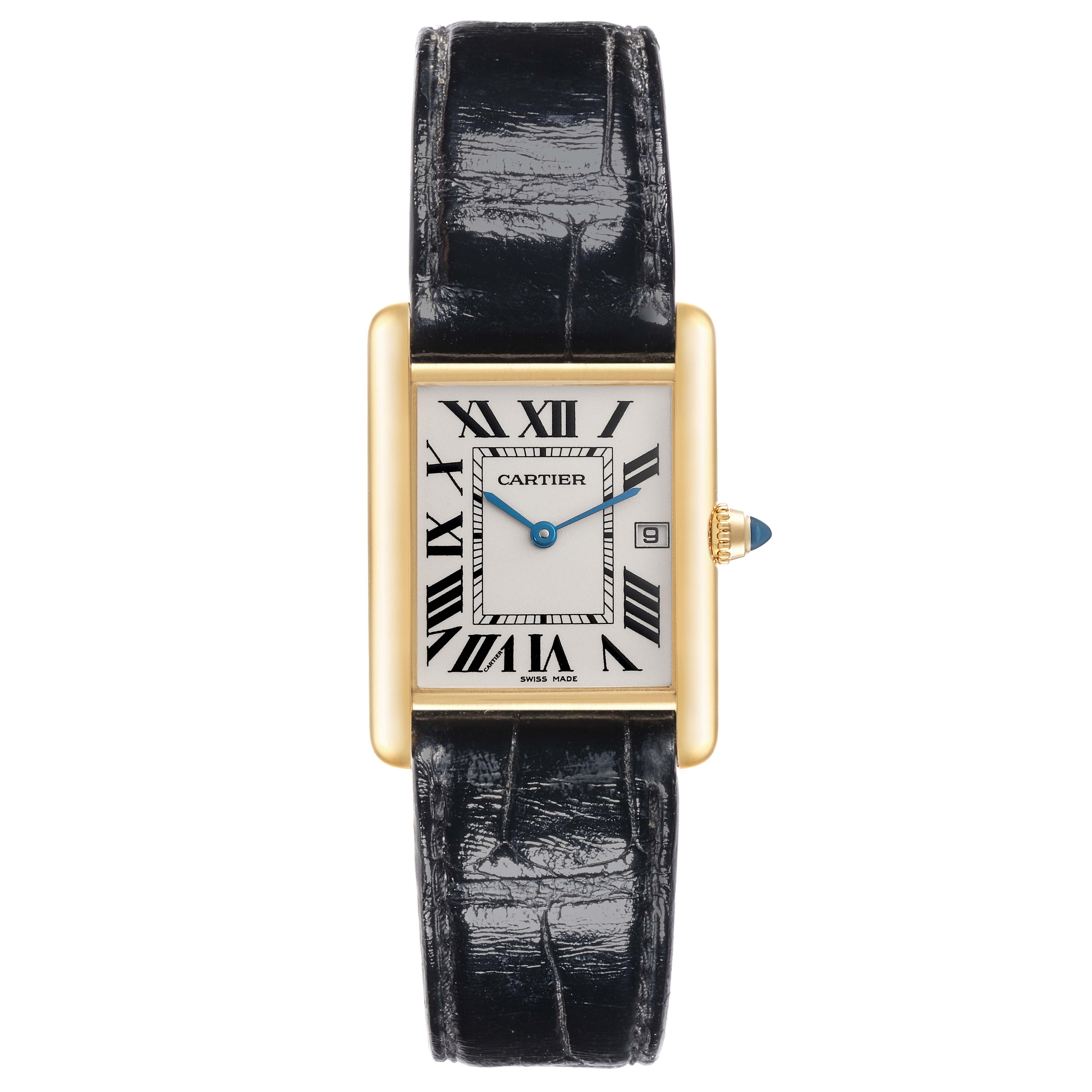 The Cartier Tank Louis W1529756 Men's Yellow Gold Silver Dial W1529756 Men's Yellow Gold Silver Dial watch is shown from the front, displaying the face, Roman numerals, gold case, and leather strap.