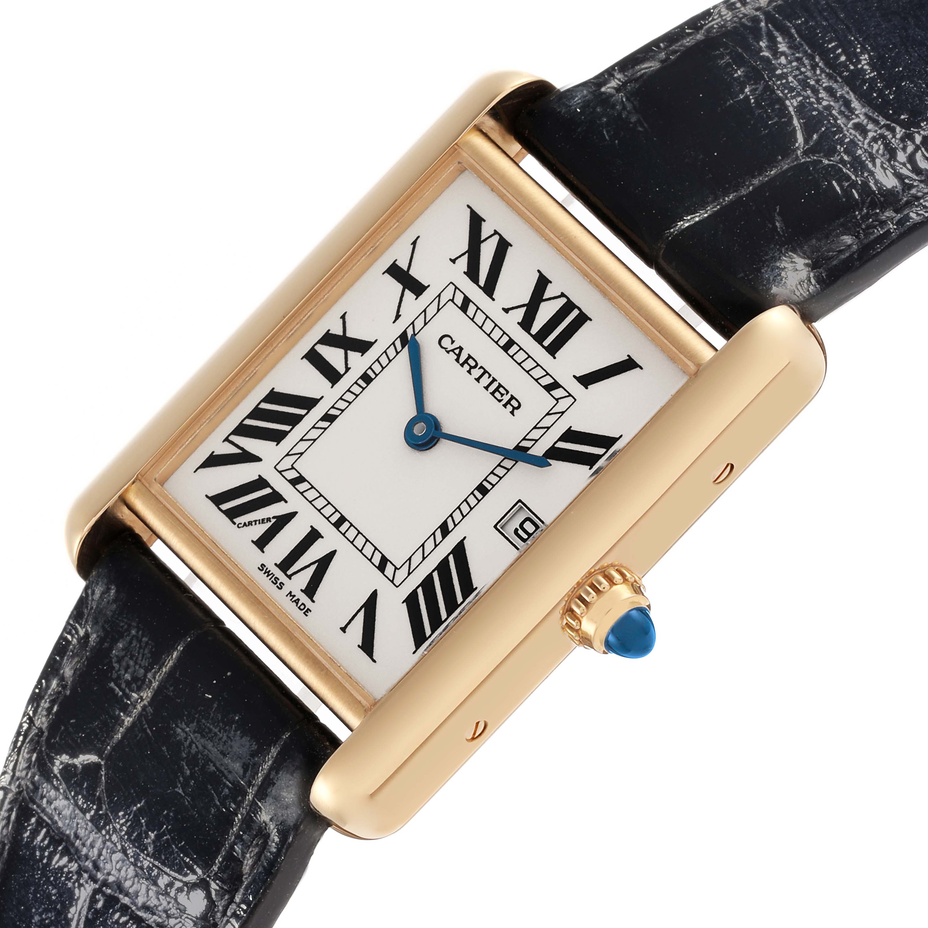 The Cartier Tank Louis W1529756 Men's Yellow Gold Silver Dial W1529756 Men's Yellow Gold Silver Dial watch is shown from a diagonal angle, highlighting the rectangular face, Roman numerals, and blue cabochon crown.