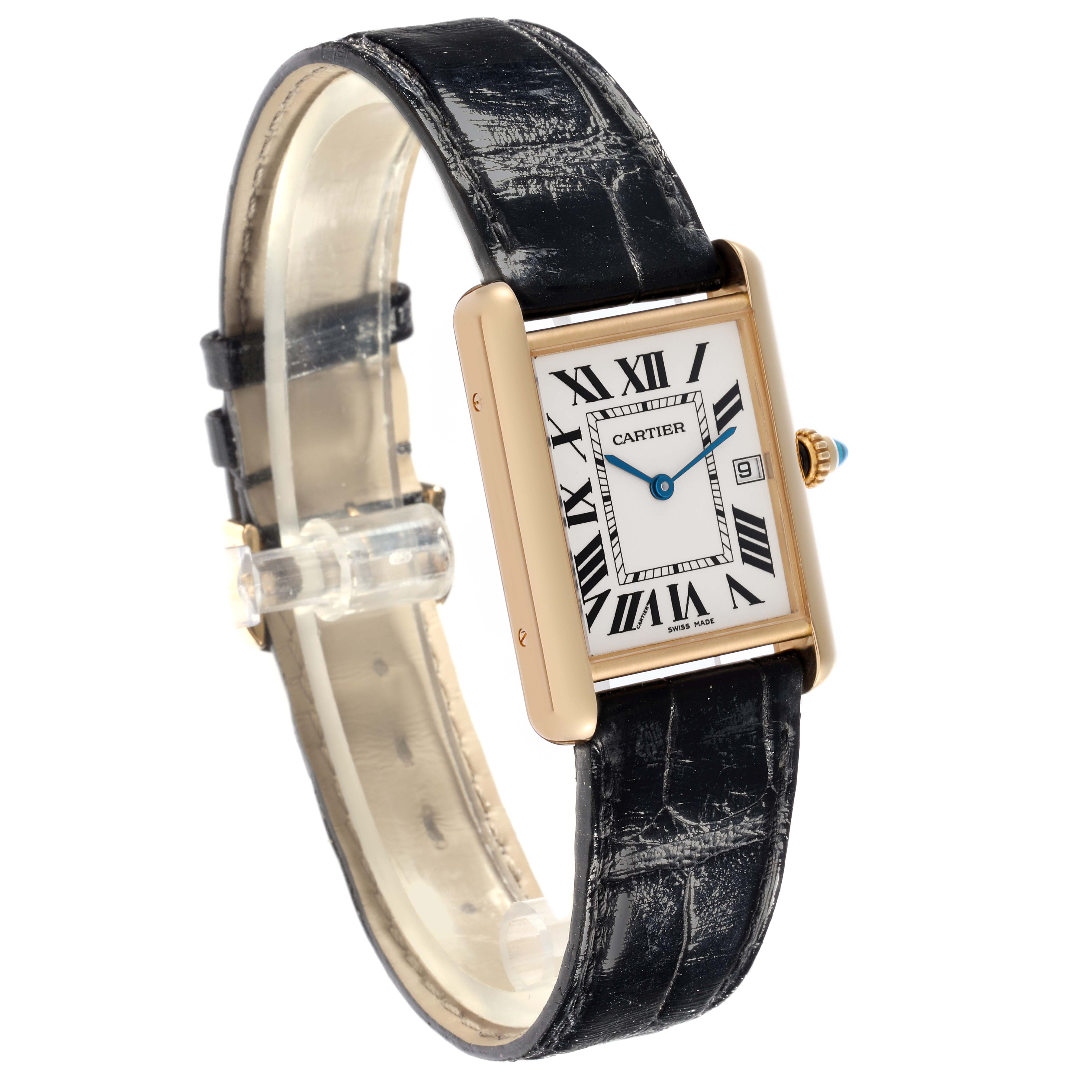 The Cartier Tank Louis W1529756 Men's Yellow Gold Silver Dial W1529756 Men's Yellow Gold Silver Dial watch is shown at a slight side angle, displaying the case, face, crown, and leather strap.