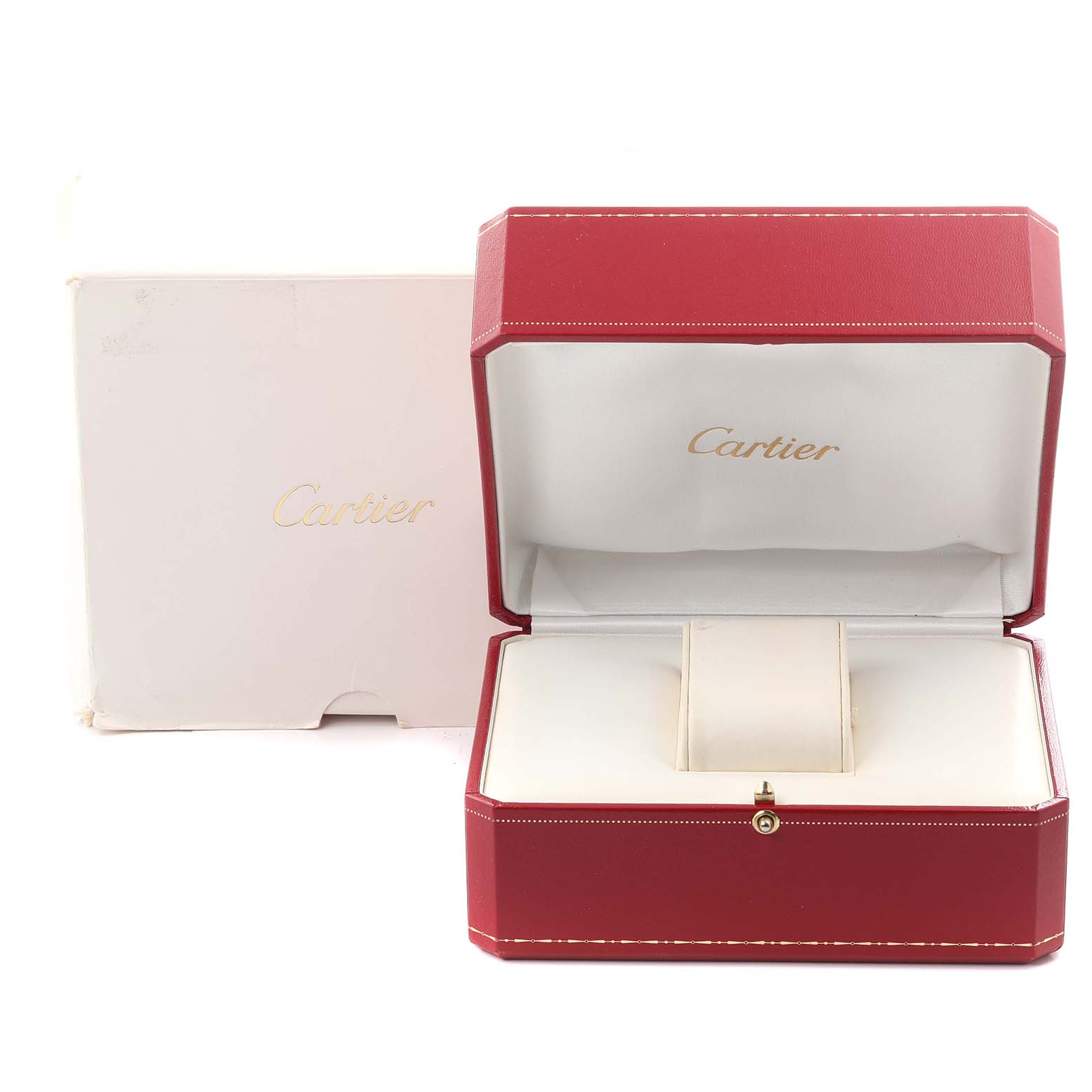 The image shows an empty red Cartier box for a Tank Louis model watch, with the lid open and the white outer packaging visible.