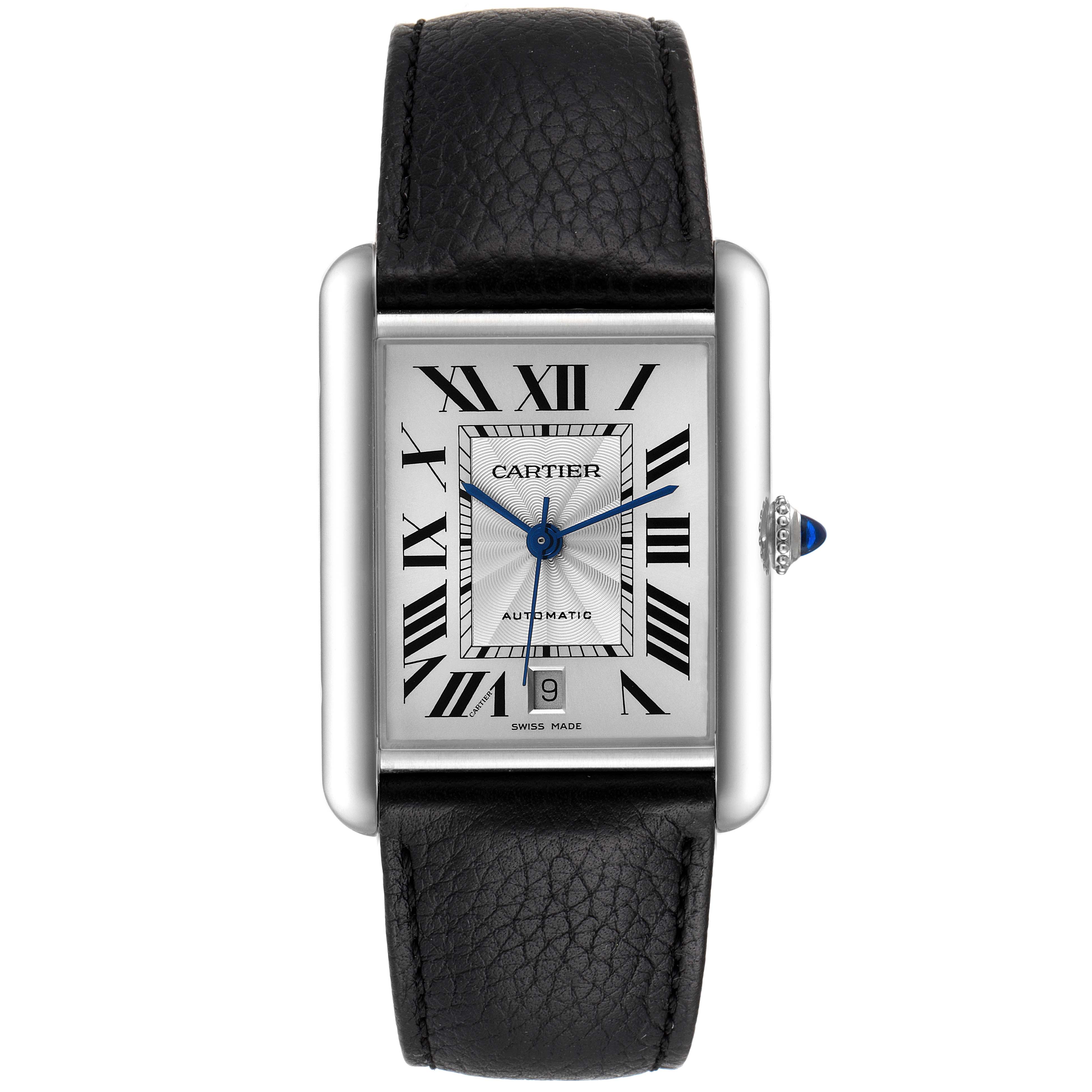 The image shows a front view of the Cartier Tank Must WSTA0040 Men's Stainless Steel Silver Dial WSTA0040 Men's Stainless Steel Silver Dial watch, including the face, leather strap, and crown with a blue cabochon.