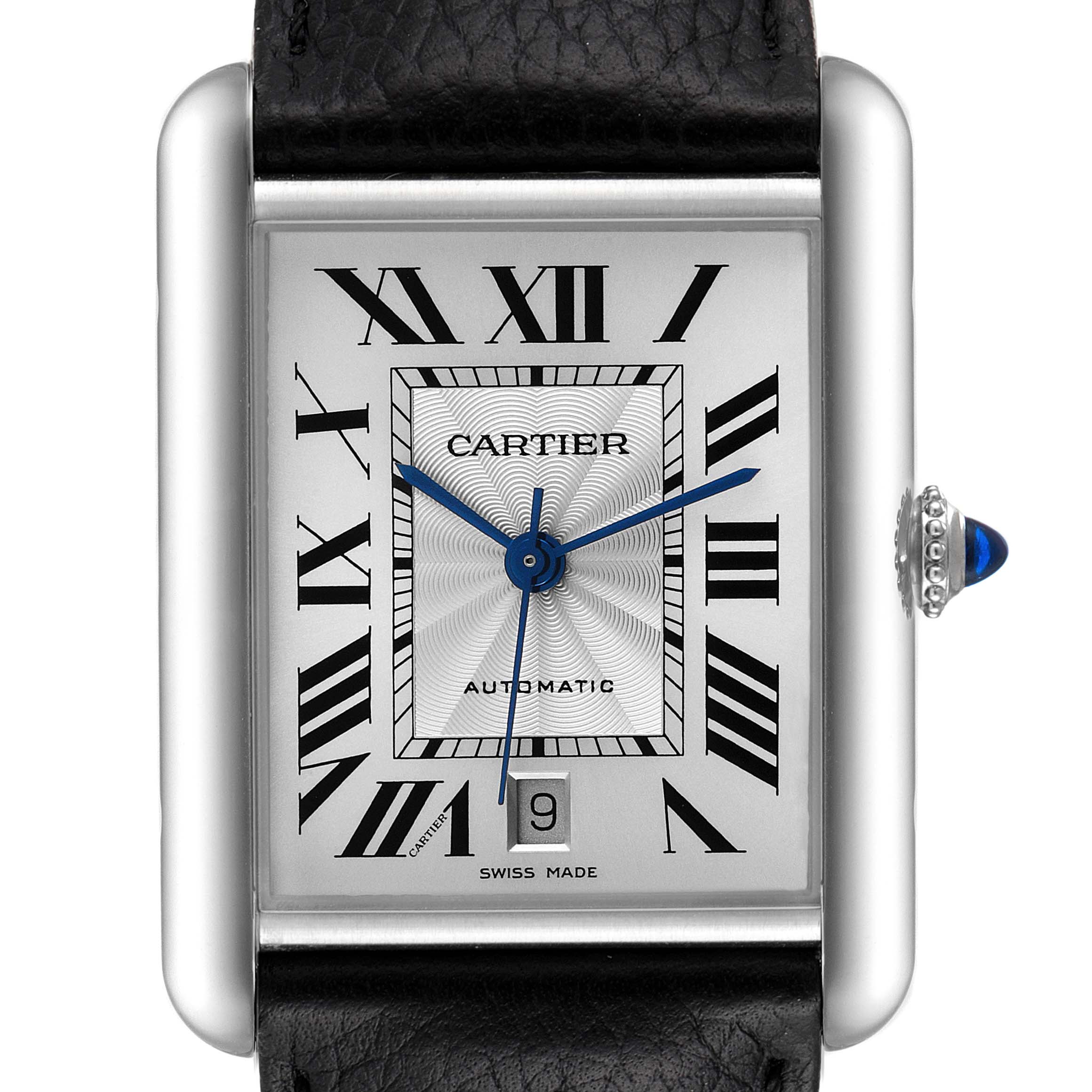 The image shows a frontal view of the Cartier Tank Must WSTA0040 Men's Stainless Steel Silver Dial WSTA0040 Men's Stainless Steel Silver Dial watch, displaying the dial, hands, and calendar window.