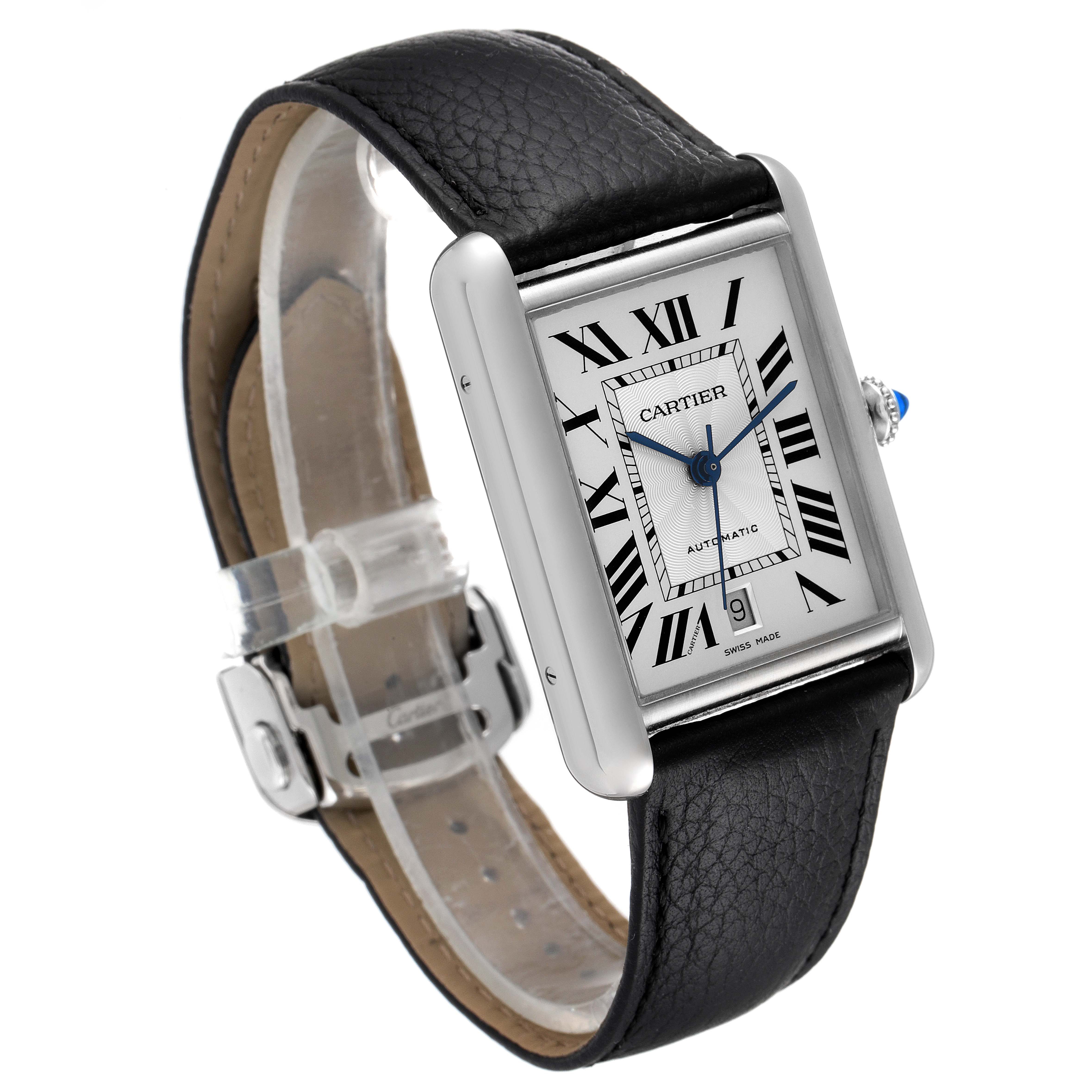 The image shows a Cartier Tank Must WSTA0040 Men's Stainless Steel Silver Dial WSTA0040 Men's Stainless Steel Silver Dial watch from a three-quarter angle focusing on the face, strap, and crown.